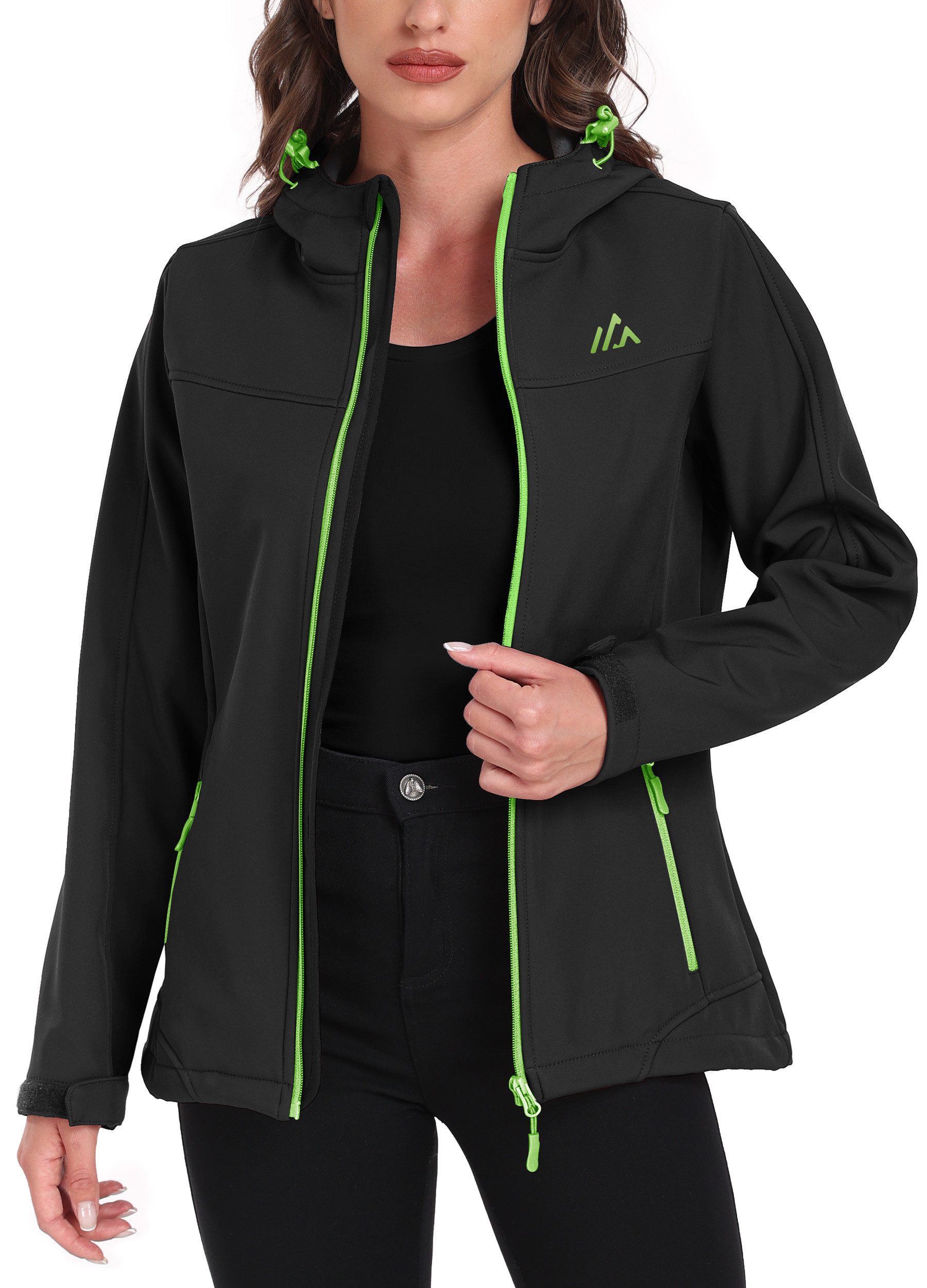 ATLASLAVA Softshelljacke Damen Wasserdichte Übergangsjacke Atmungsaktive Regenjacke Winddichte Jacke Gefüttert Kapuze für Outdoor Wandern