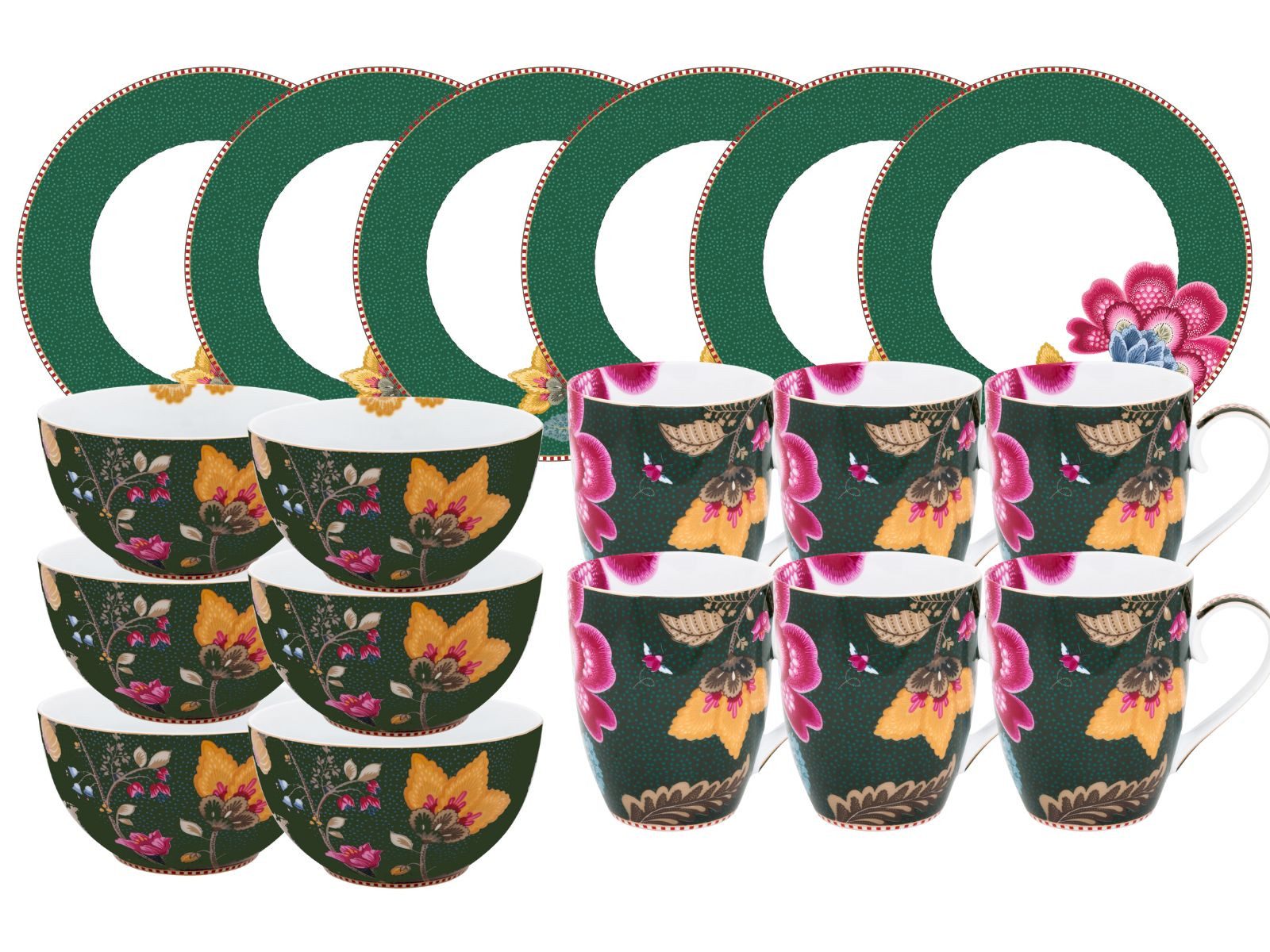PiP Studio Geschirr-Set Fantasy Green Frühstücks Set Henkelbecher 18tlg, Porzellan