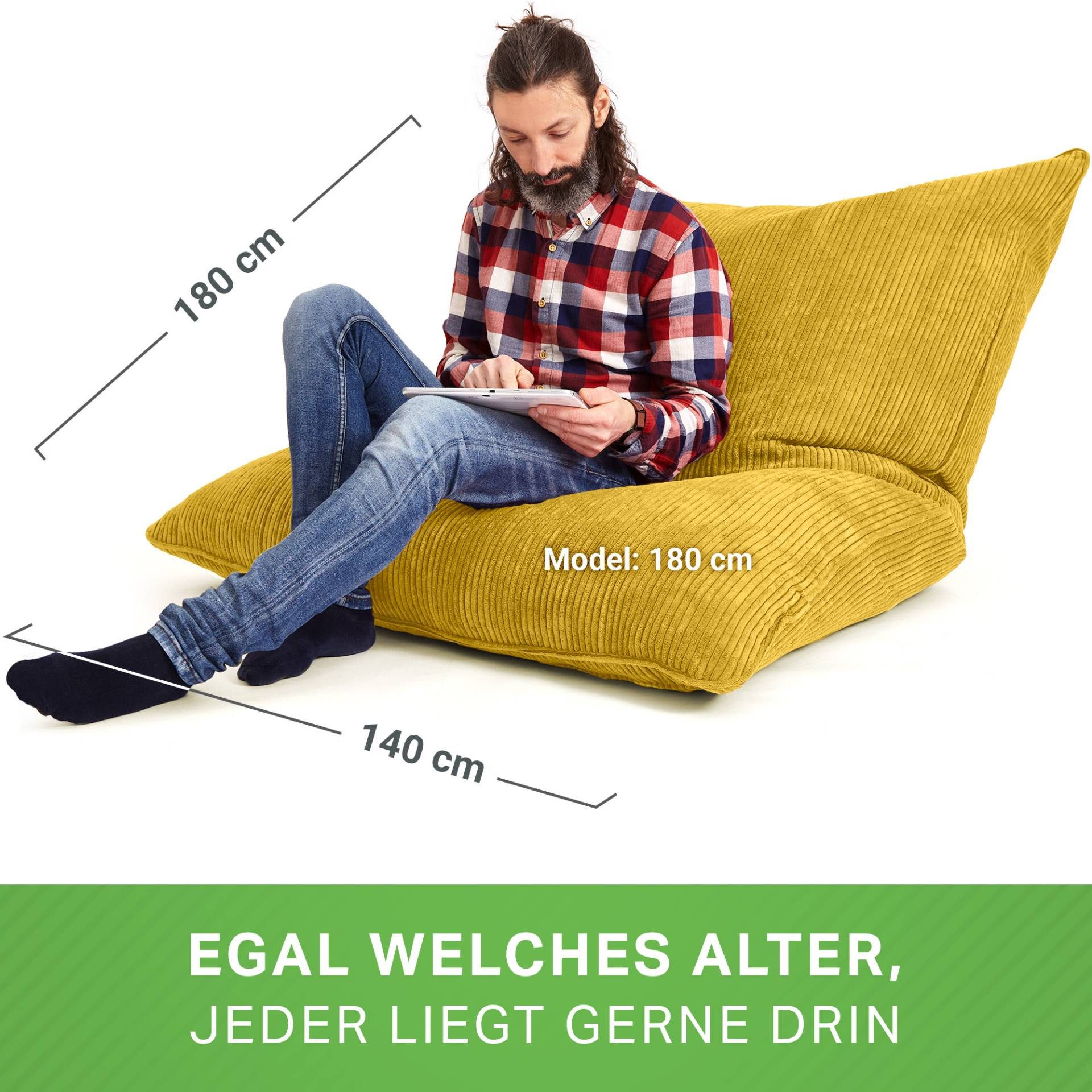Green Bean Sitzsack XXL Riesen Sitzsack Square aus Cord (XXL aus Cordstoff 370 Liter mit EPS-Perlen Füllung, Kuschelig Weich Waschbar), Sitzkissen Lounge Chair  – Bild 5 von 5