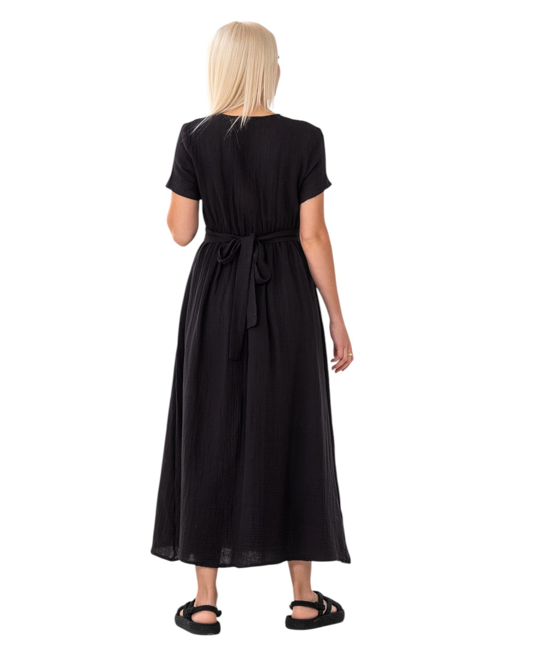 WENOR Sommerkleid Musselin Boho Kleid mit Knopfleiste & Taillenband, Freizeitkleid (1-tlg) Vorn mit Holzknöpfen, Bindegürtel an der Taille