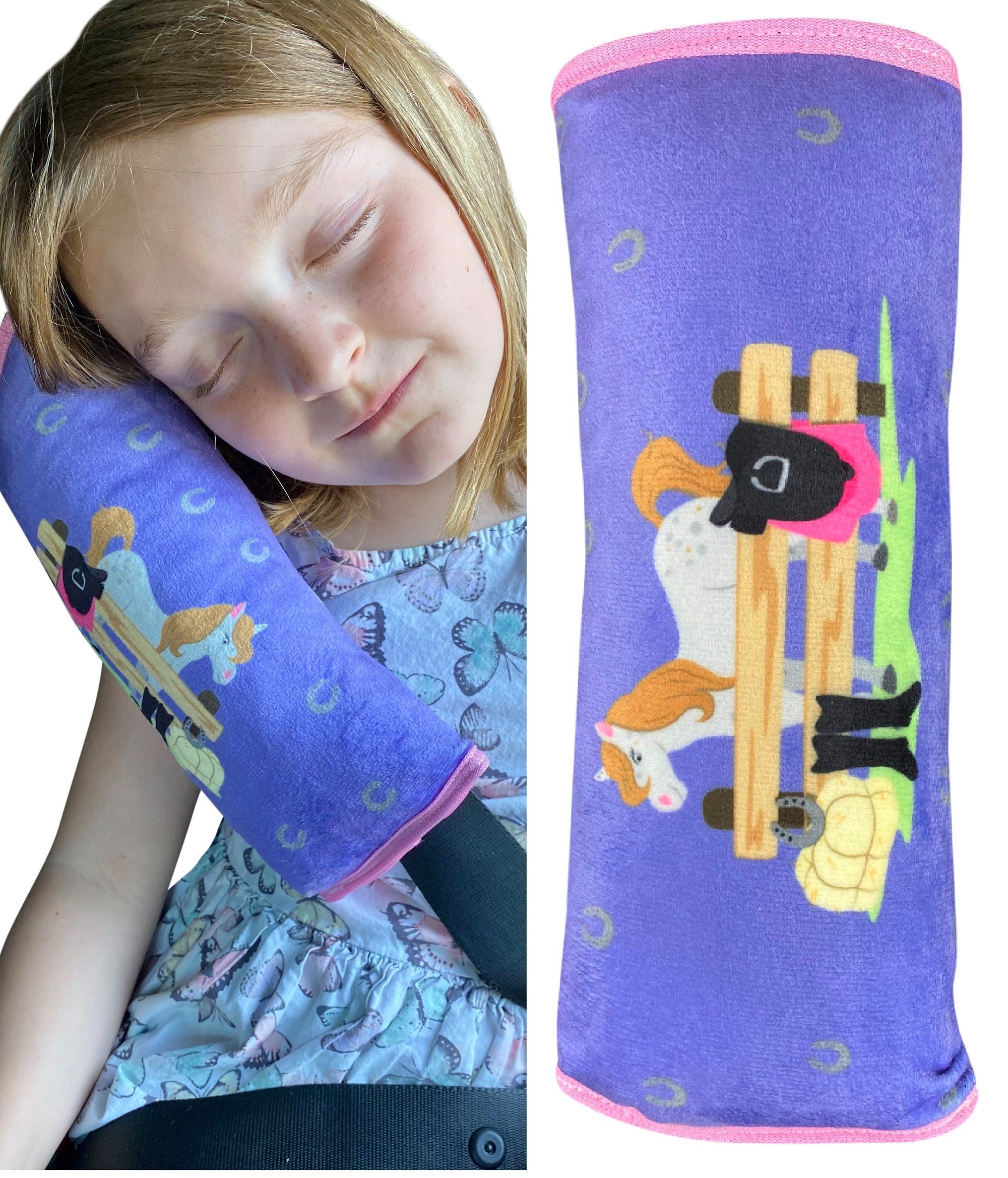 Schlafkissen Auto Schlafkissen Bauernhof Pferd Motiv für Kinder Mädchen Jungen - maschinenwaschbar – kuschelweich - Auto Gurtkissen, Gurtschoner, Gurtschutz Sitzerhöhung, Auto Kissen, Reisekissen, Urlaub