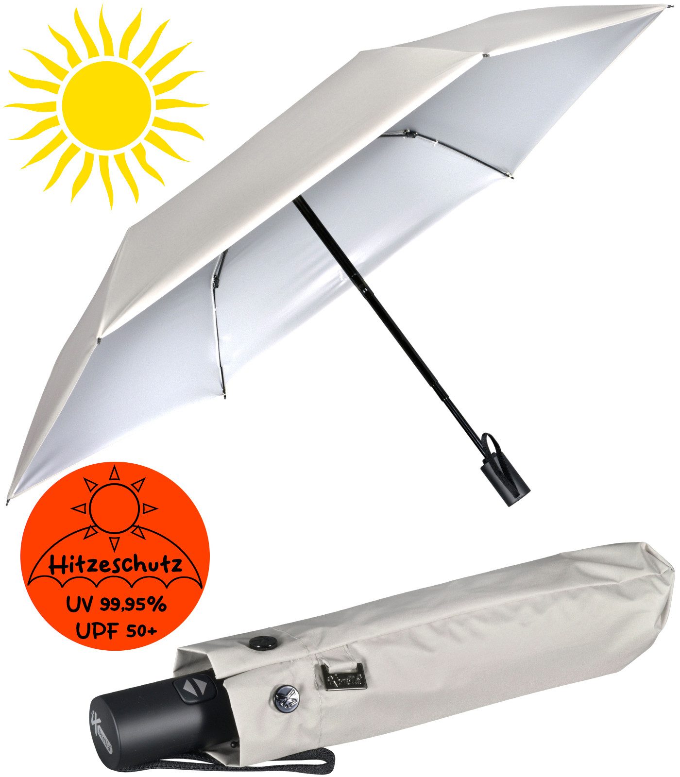 iX-brella Taschenregenschirm Sonnen-Regenschirm mit UPF 50+, UV-Hitze-Schutz, für Damen, mit Auf-Zu-Automatik, innen silber