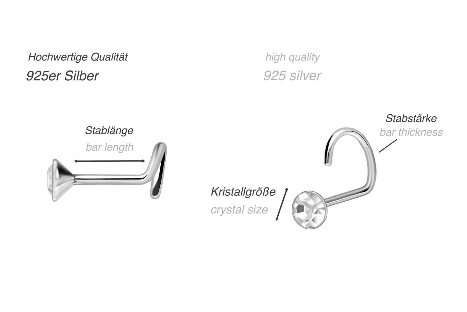 PIERCINGLINE Nasenpiercing SET 925er Silber Nasenstecker Spirale KRISTALL (Nasenstecker, 3er SET1= 1,5 mm Kristallgröße)