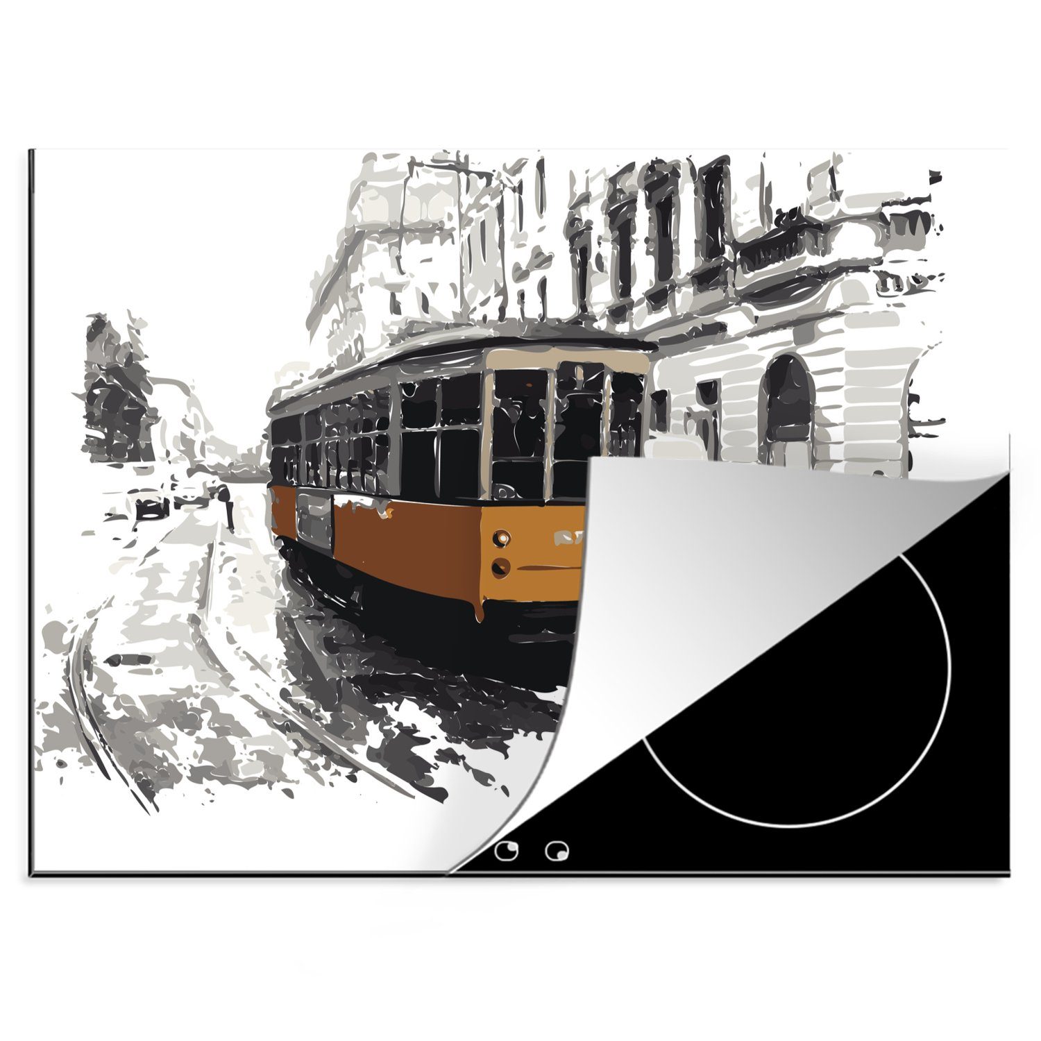 MuchoWow Herdblende-/Abdeckplatte Straßenbahn - Mailand - Zeichnung, Vinyl, (1 tlg), 70x52 cm, Mobile Arbeitsfläche nutzbar, Ceranfeldabdeckung