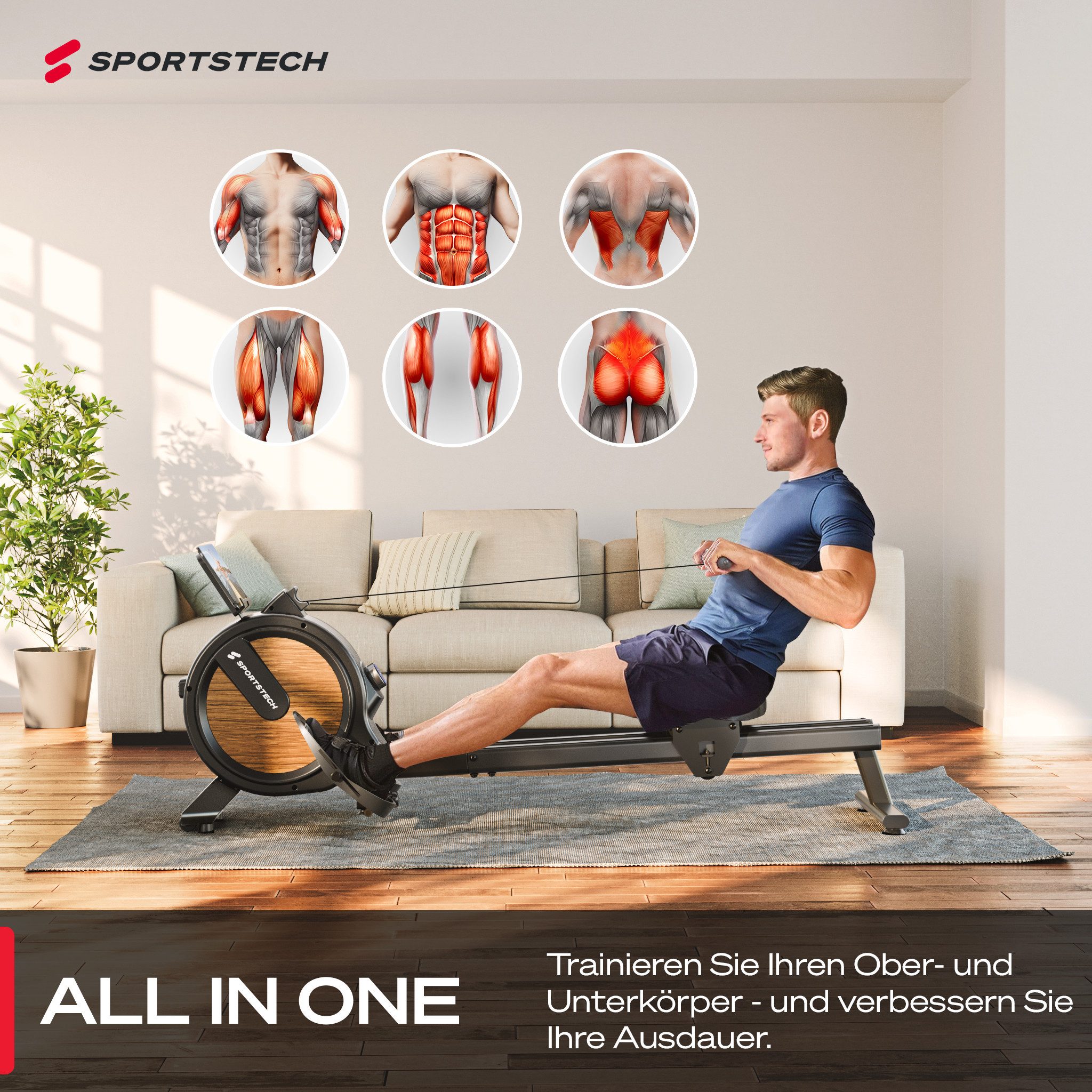 Sportstech Rudergerät SP_PROwer, LED Knob Display, 32 Widerstandsstufen, Tablethalterung