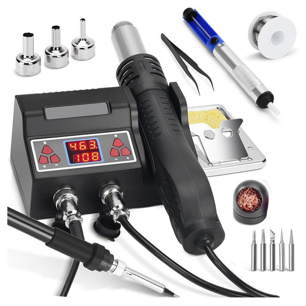 XERSEK Lötkolben 2 IN1 Digitale Lötstation Set, max. 480 °C, 700W Heißluftstation mit LED-Display, 5 Lötspitzen, 3 Heißluftpistolen Düsen, bleifreier Lötdraht, Pinzette