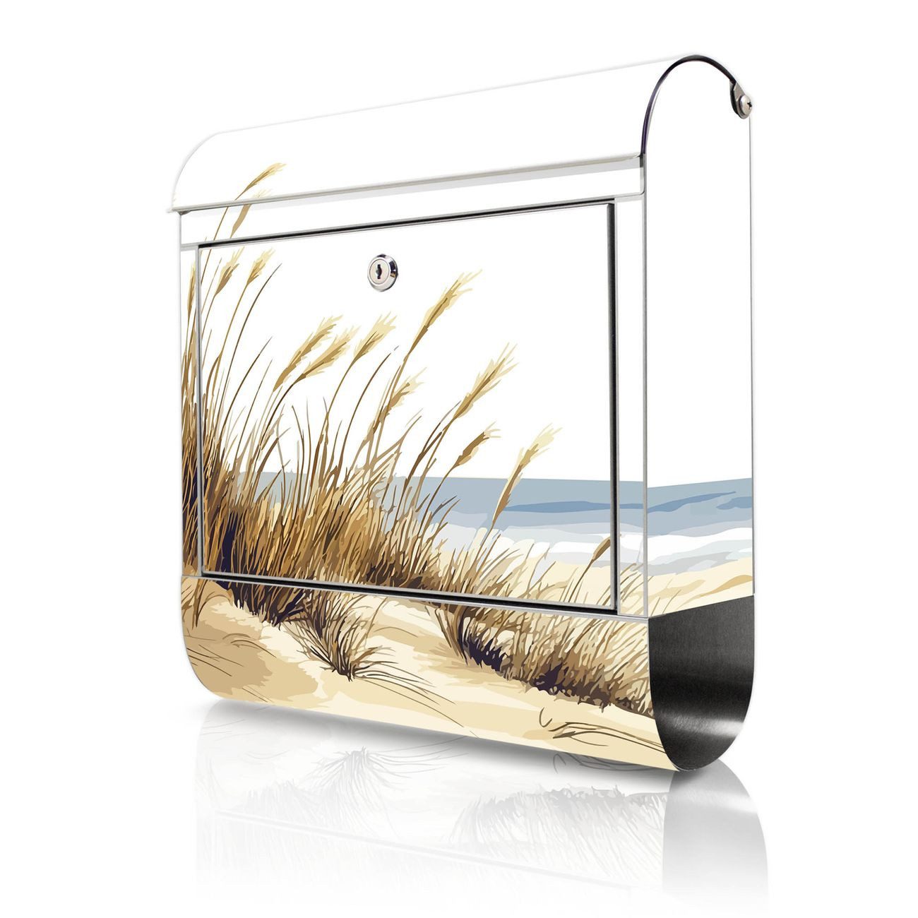 banjado Wandbriefkasten Edelstahl mit Motiv Dünenlandschaft am Meer (Wandbriefkasten groß, mit Zeitungsfach), 38 x 42,5 x12 cm