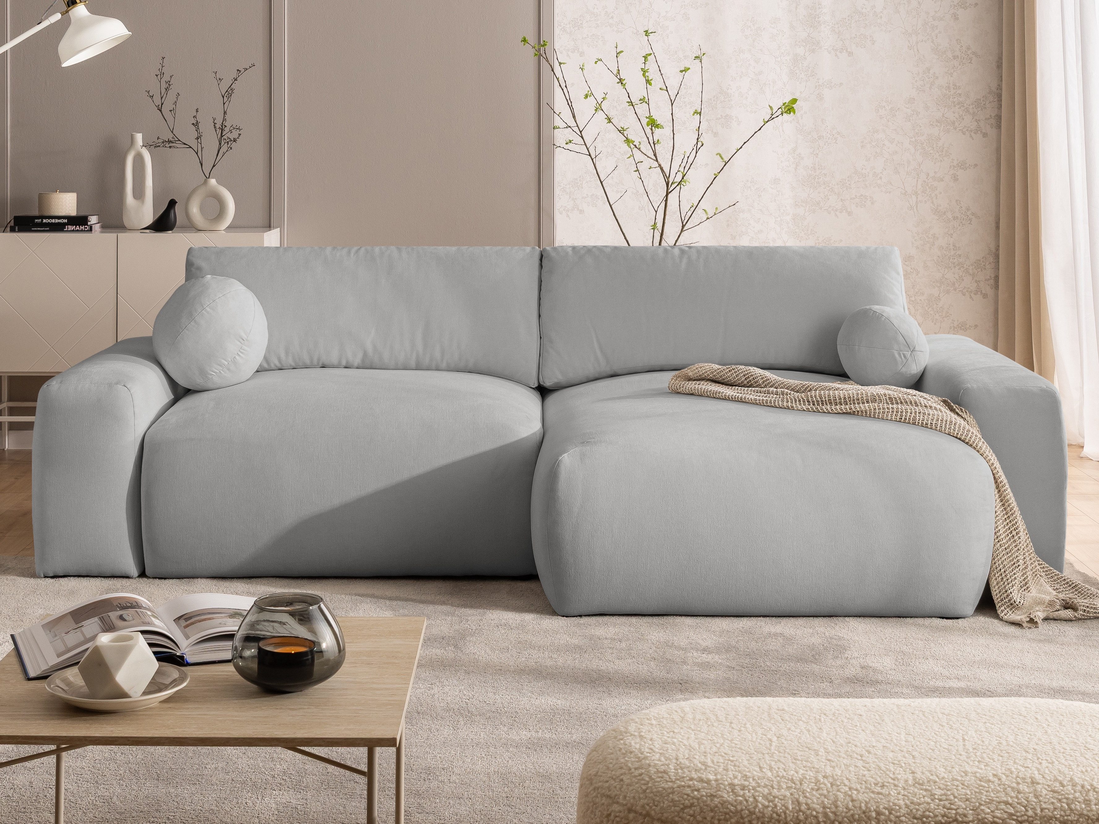 S-Style Möbel Ecksofa Puffy mit Schlaffunktion und Bettkasten - besonders weich und puffig, aus Webstoff, mit Wellenfederung