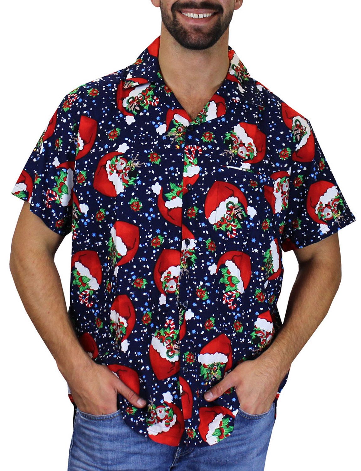 Hawaiihemd Christmas Flying Hats Funky Hawaii-Hemd Kurzarm Front-Tasche Unisex