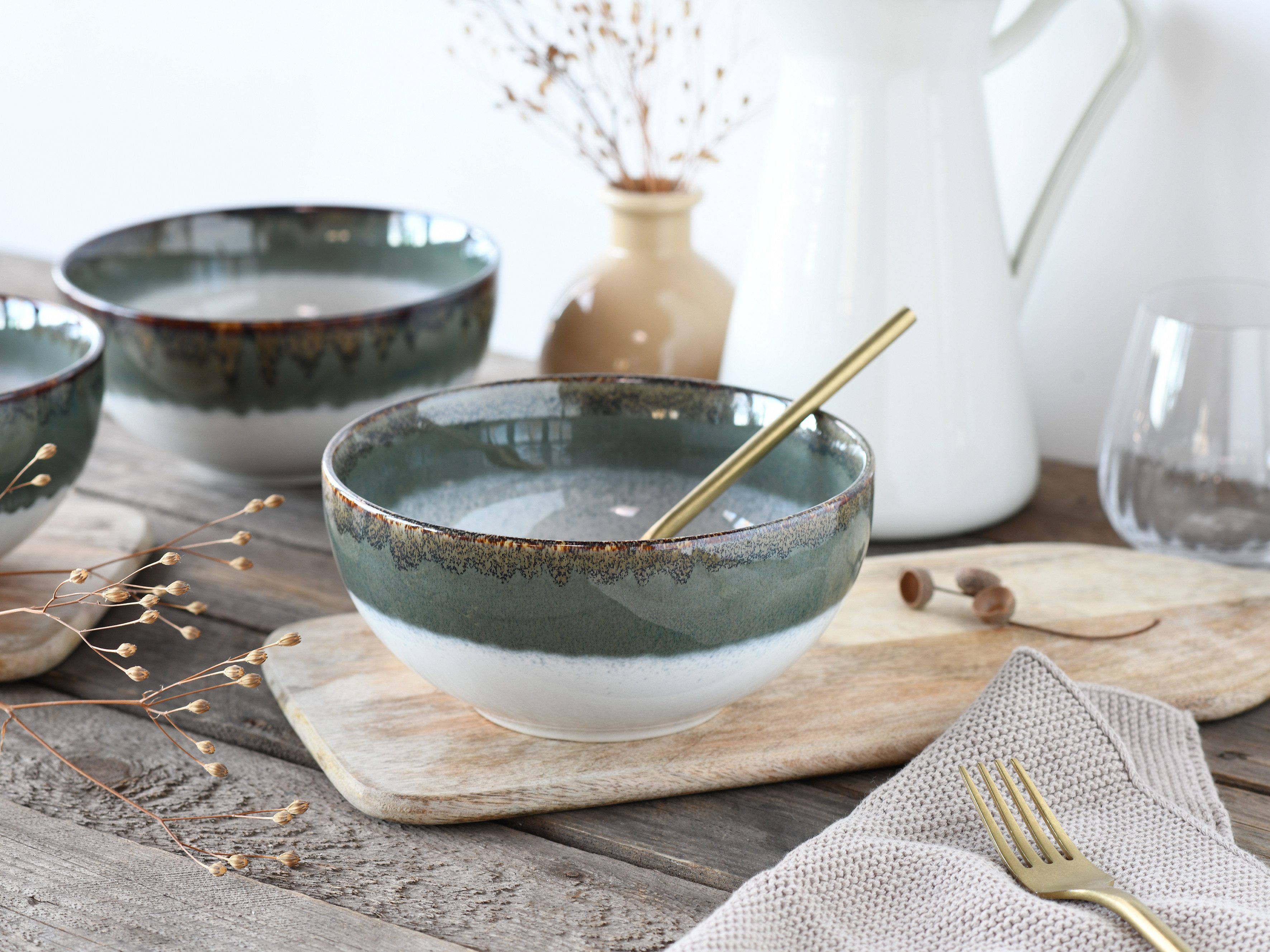CreaTable Schale Cascade, Buddha Bowl 17,5 cm 4-tlg, Steinzeug, (Set, 4-tlg), Rekativglasur, Healthy Food