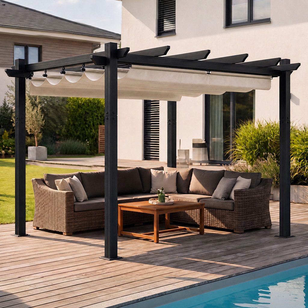 GUNJI Pergola 3x3/3x4m Terrassenüberdachung, Magnetisch Befestigte Aluminium-Pergola, (180g PA-beschichtetes Polyester, UV-geschützt, geeignet für Garten, Terrasse, Poolszenen), Magnetisch befestigbares Schiebedach