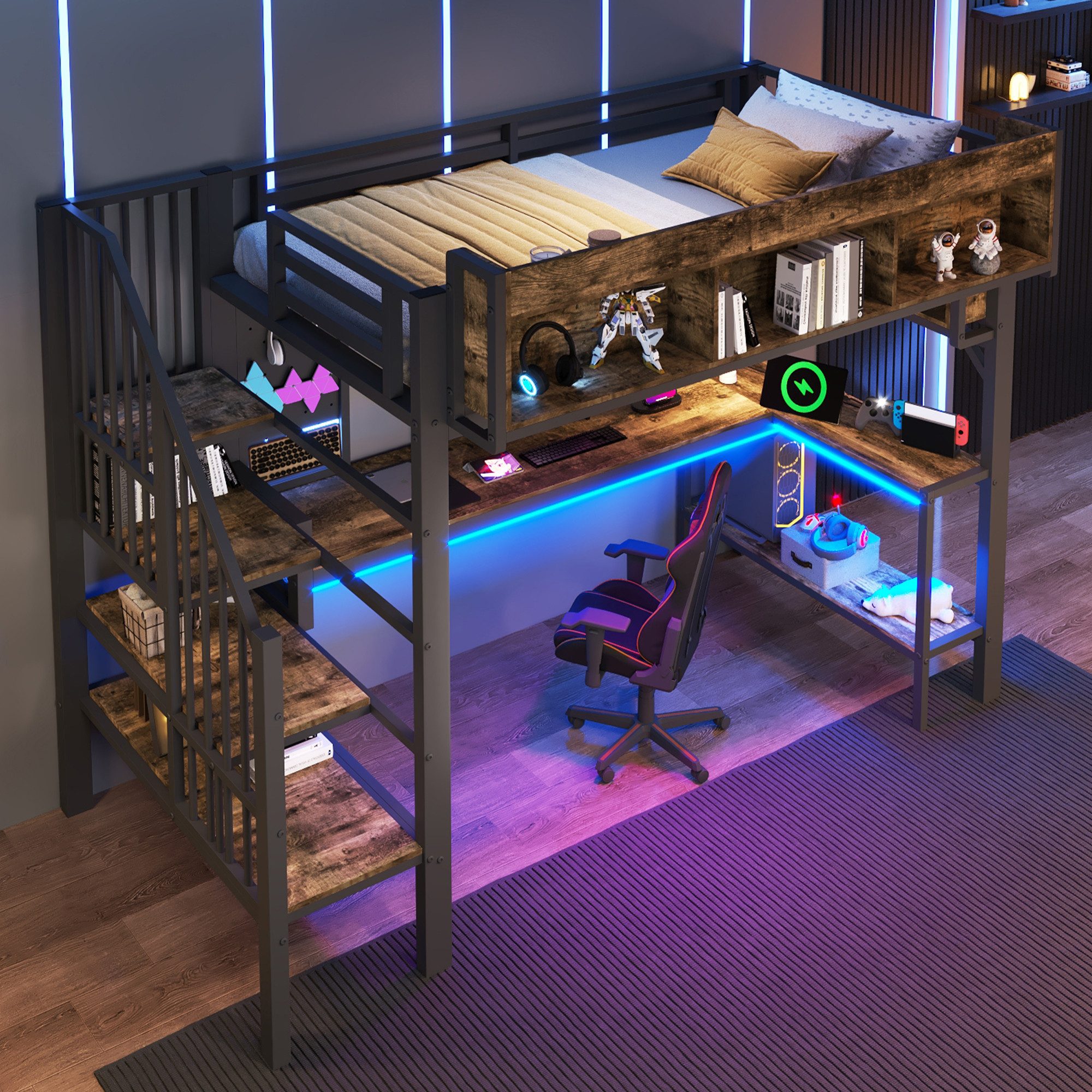 REDOM Hochbett Integrierte Ladestation & LED, Stauraum & Lochwand (Packung, 1-St., Ideal fürs Kinderzimmer, inkl. USB/Typ-C, ohne Matratze) Kinder-Hochbett 90x200 cm in Braun-Schwarz mit Schreibtisch
