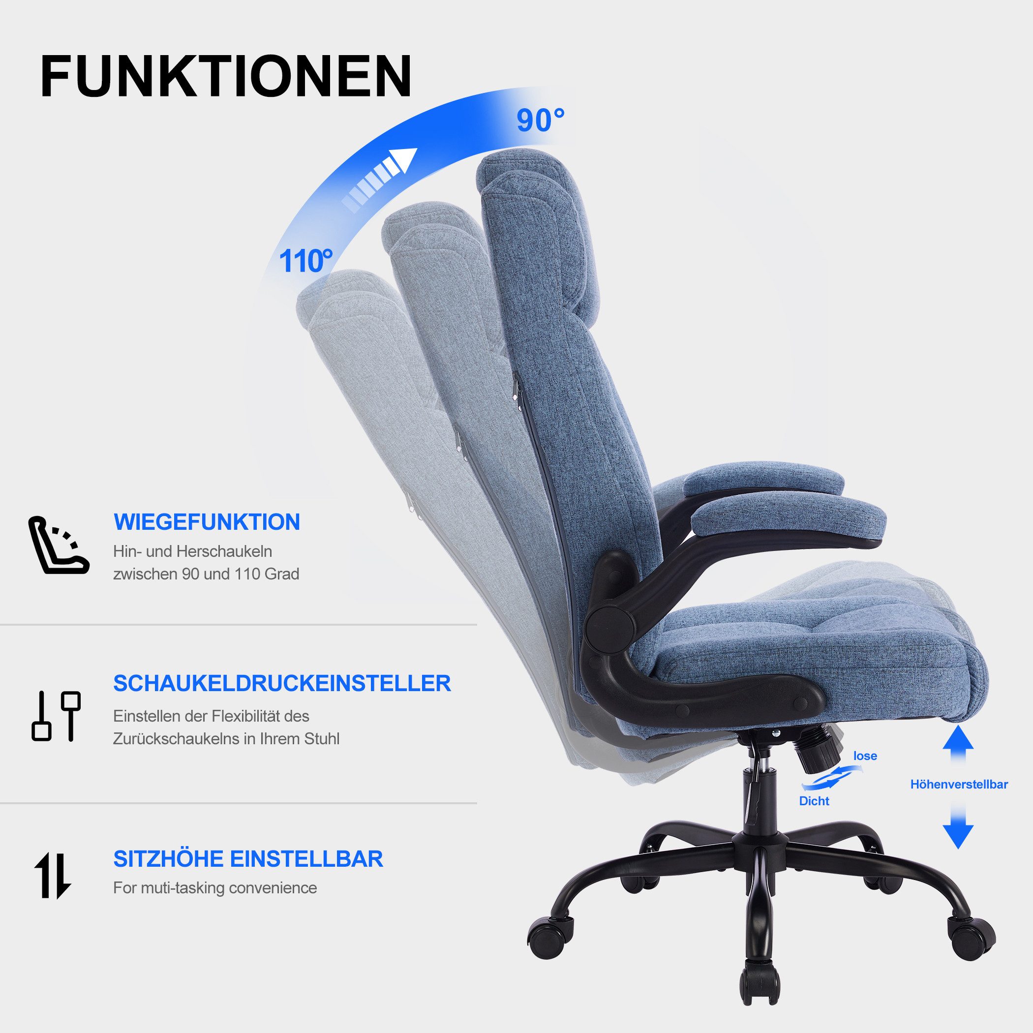 LIYURUI Bürostuhl Ergonomischer 150KG Belastbarkeit Chefsessel Stoff Flip-up Armlehnen, mit Wippfunktion und platzsparenden Armlehnen, blau – Bild 5 von 5