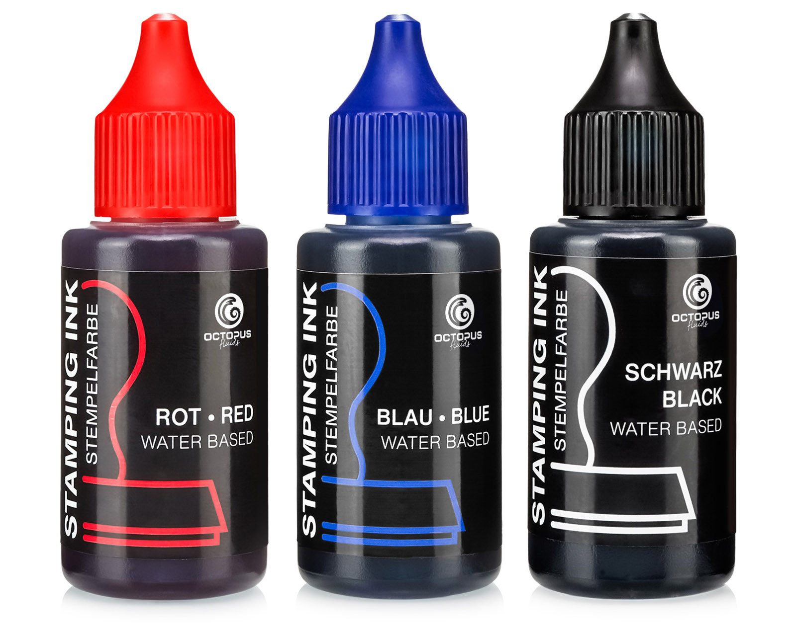 OCTOPUS Fluids 3x 30ml für Stempelkissen, Selbstfärber ohne Öl Schwarz, Blau,Rot Stempelkissen