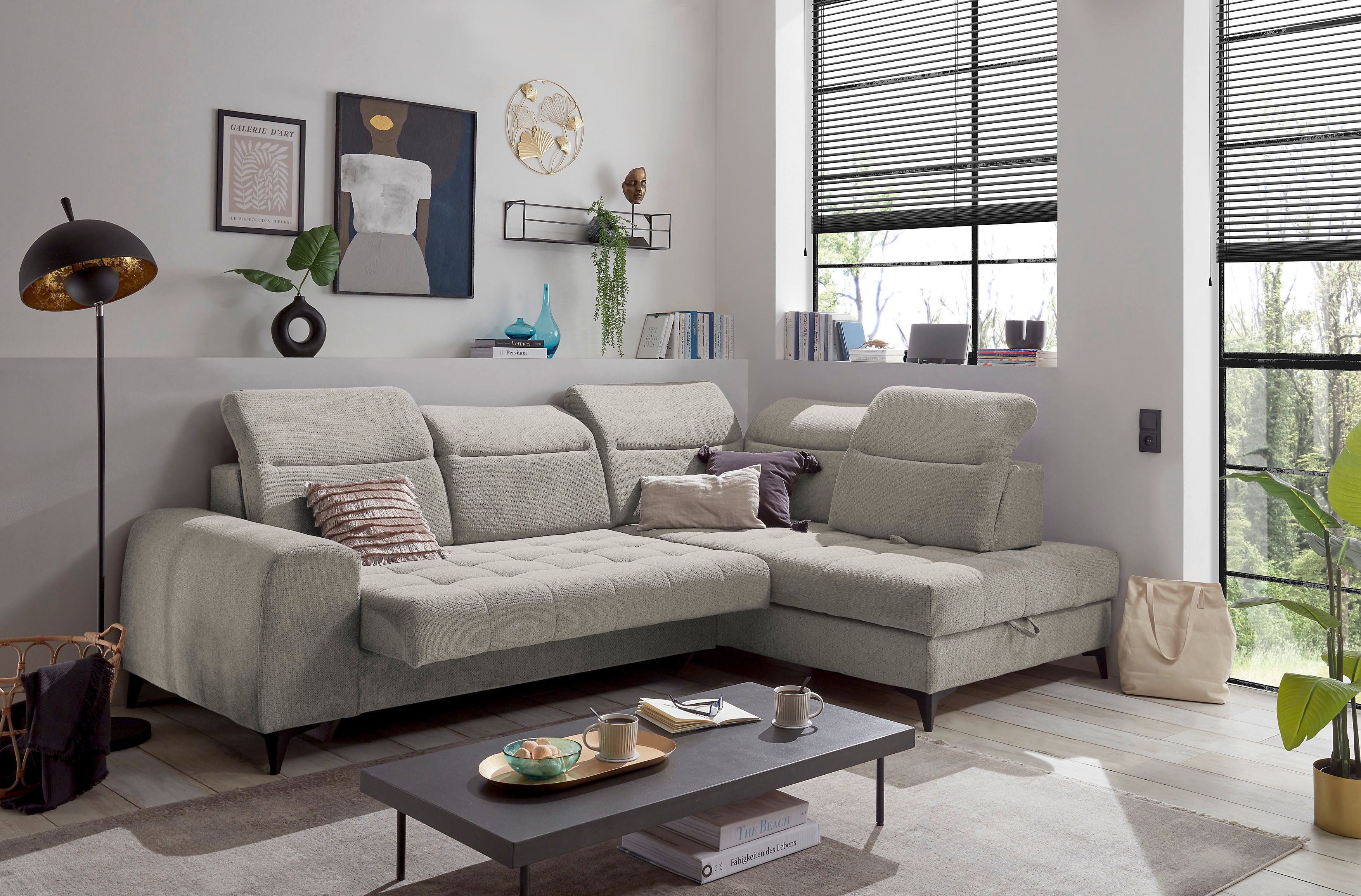 ED EXCITING DESIGN Ecksofa Rockdale L-Form mit Bettfunktion, Bettkasten, Kopfteilverstellung, Sitztiefenverstellung & USB-Port