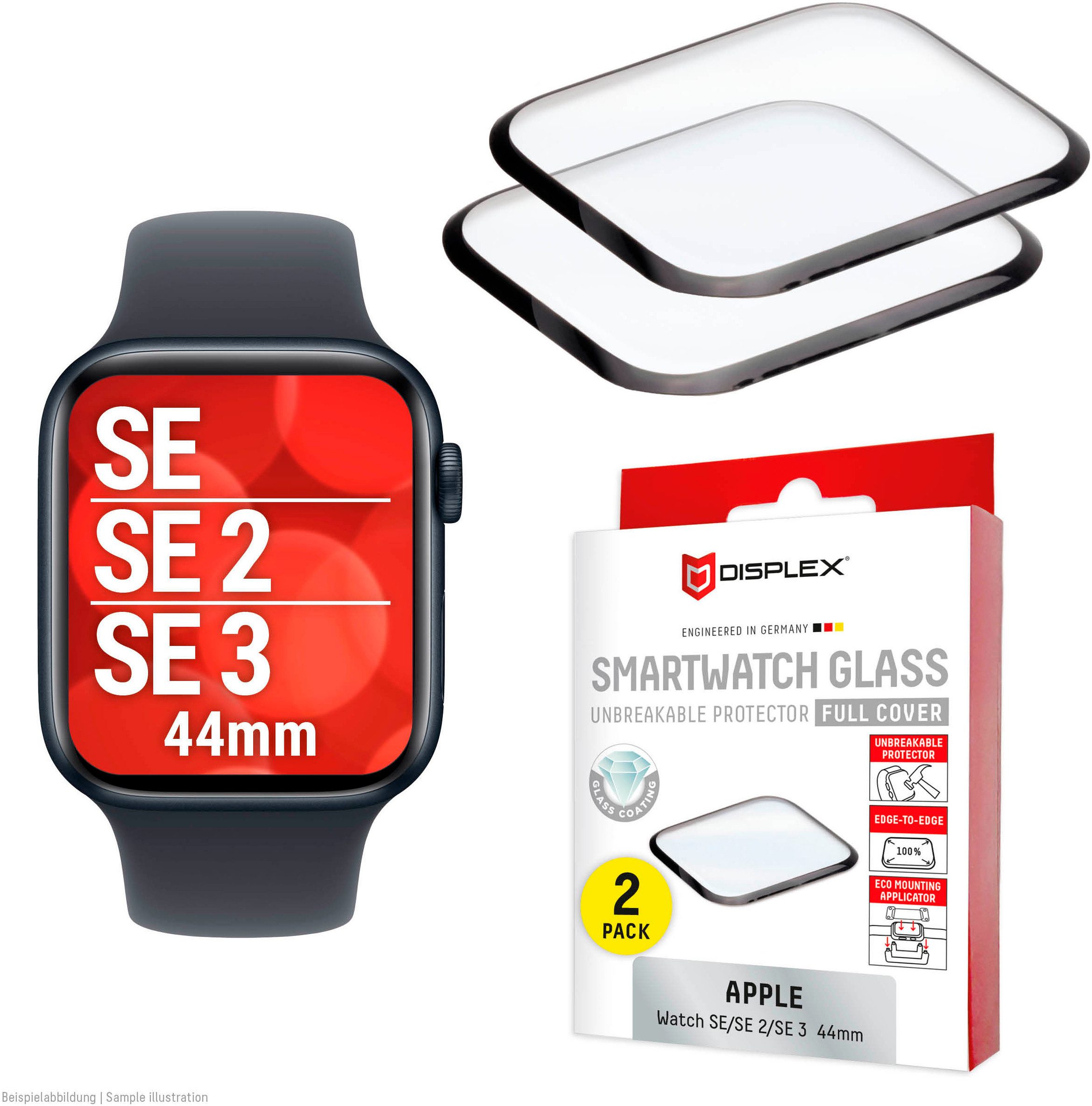 Displex Displayschutzglas Smartwatch Glass Unbreakable Protector Full Cover für Apple Watch SE 2 44 mm, Apple Watch SE 3 44 mm, Apple Watch SE 44 mm, Packung, Displayschutzfolie, Schutzfolie, Bildschirmschutz, kratz- & stoßfest