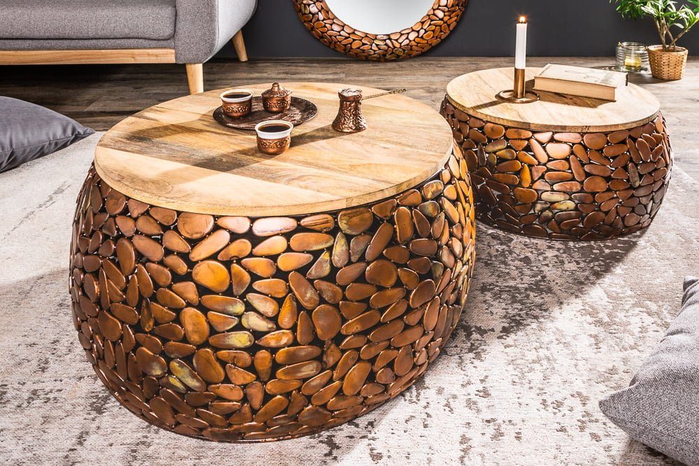 riess-ambiente Couchtisch STONE MOSAIC Ø65cm kupfer / natur (Set, 2-St., 2x Couchtisch), Wohnzimmer · Metall · Massivholz · rund · Mosaik Design · handmade