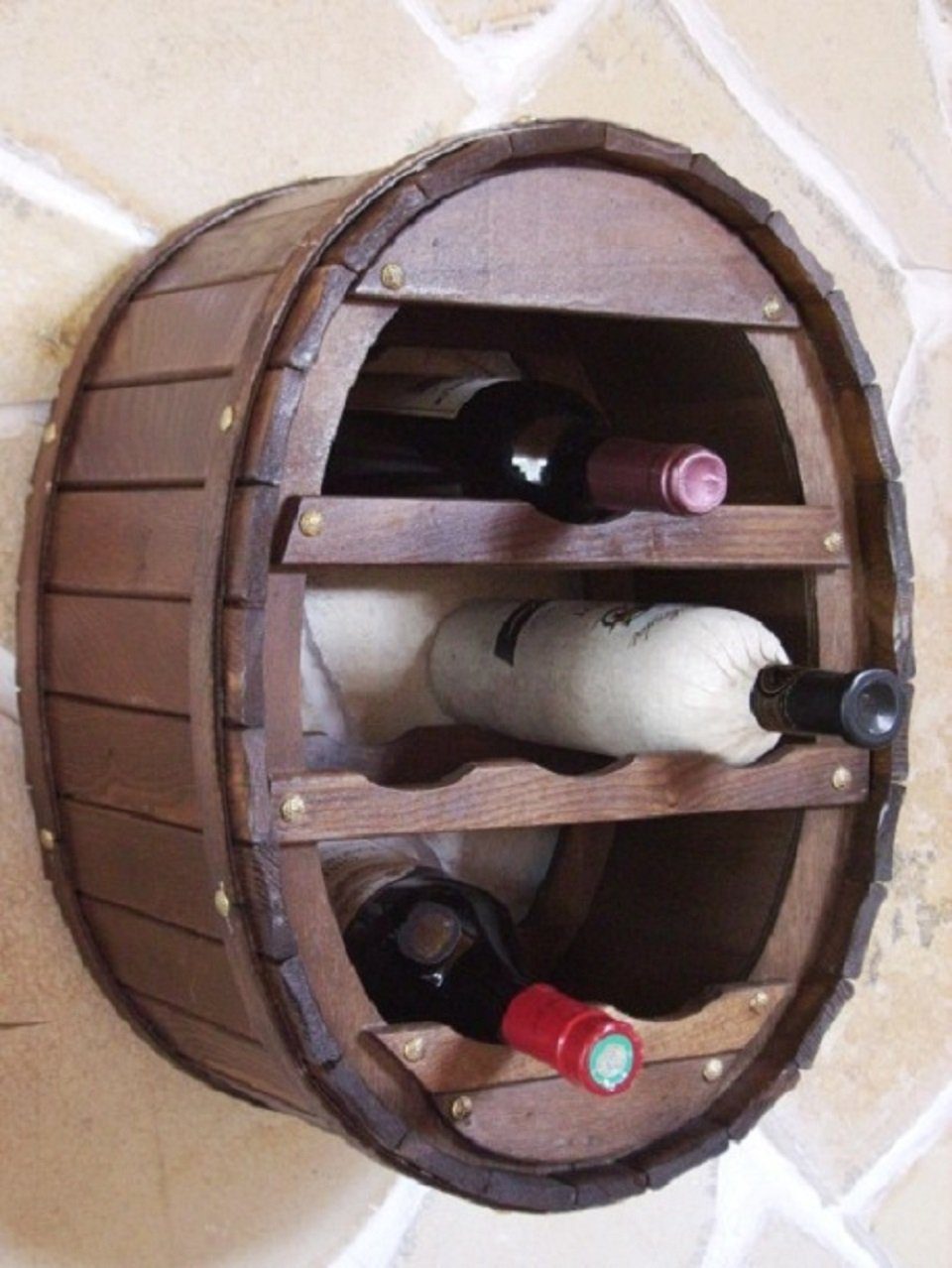 Weinregal Holz Wand Weinfass für 6 Flaschen Braun lackiert für die Wandmontage