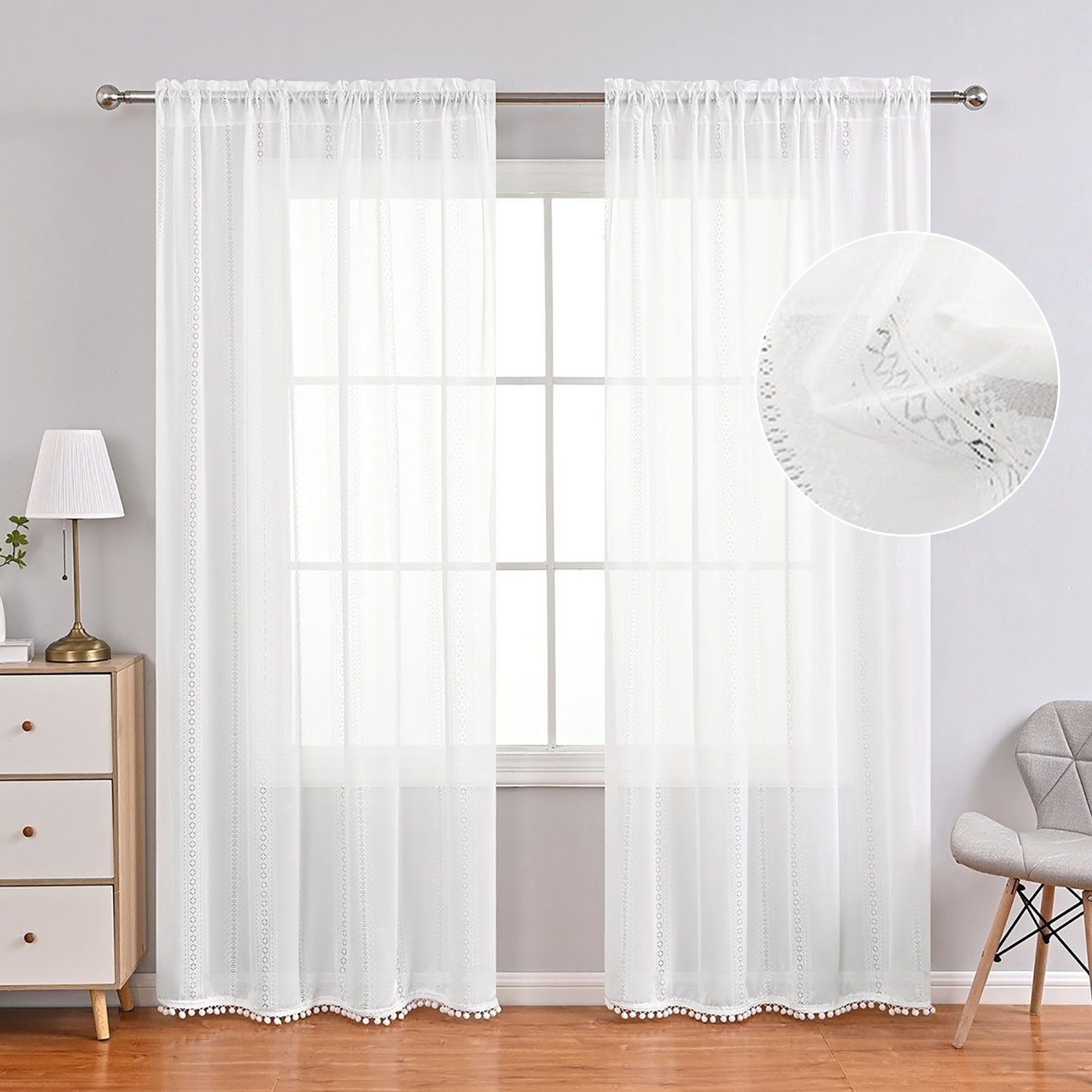 Vorhang, HOMEIDEAS, Stangendurchzug (2 St), halbtransparent, Pompons Weiß | Gardinen-Sets