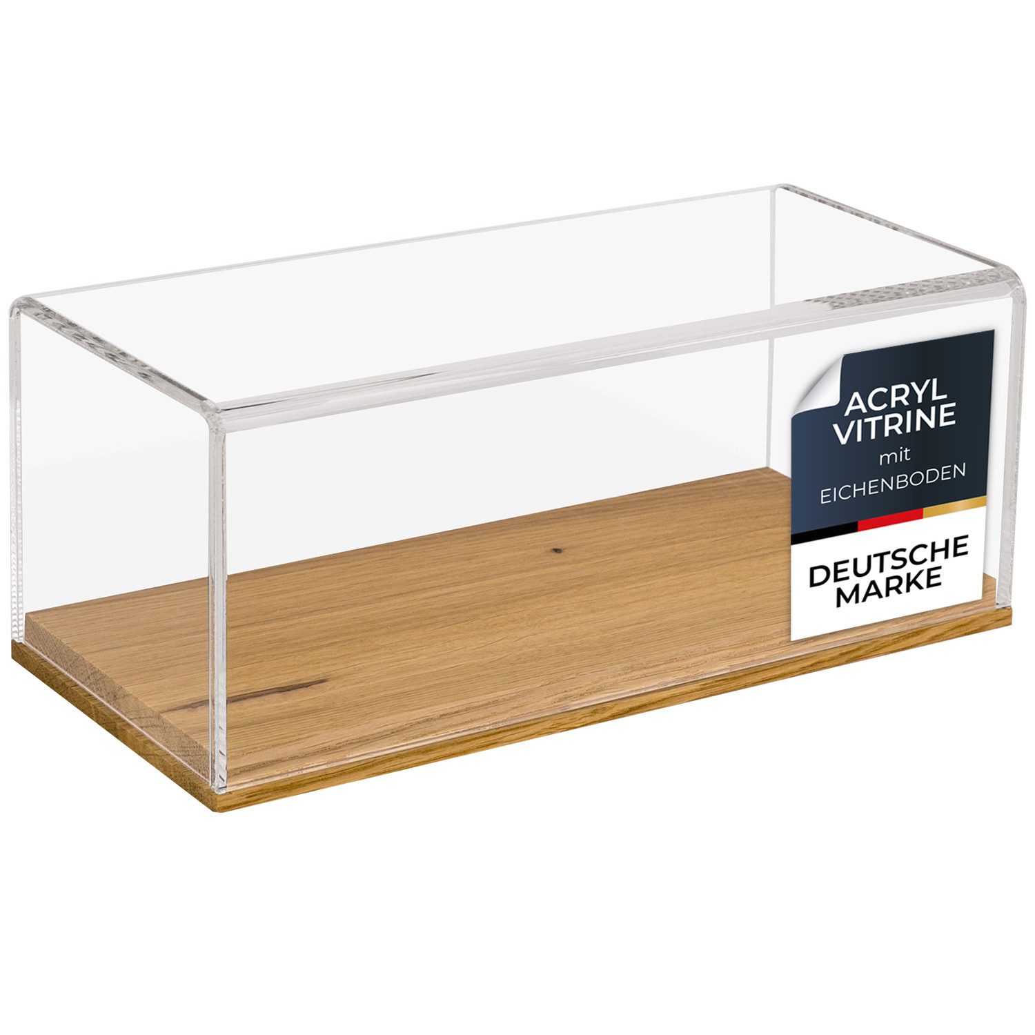 HMF Vitrine Eleganter Acryl Schaukasten mit Holzsockel für Modellautos Sammlerbox für Sammelstücke 27 x 12 x 11 cm, Transparent