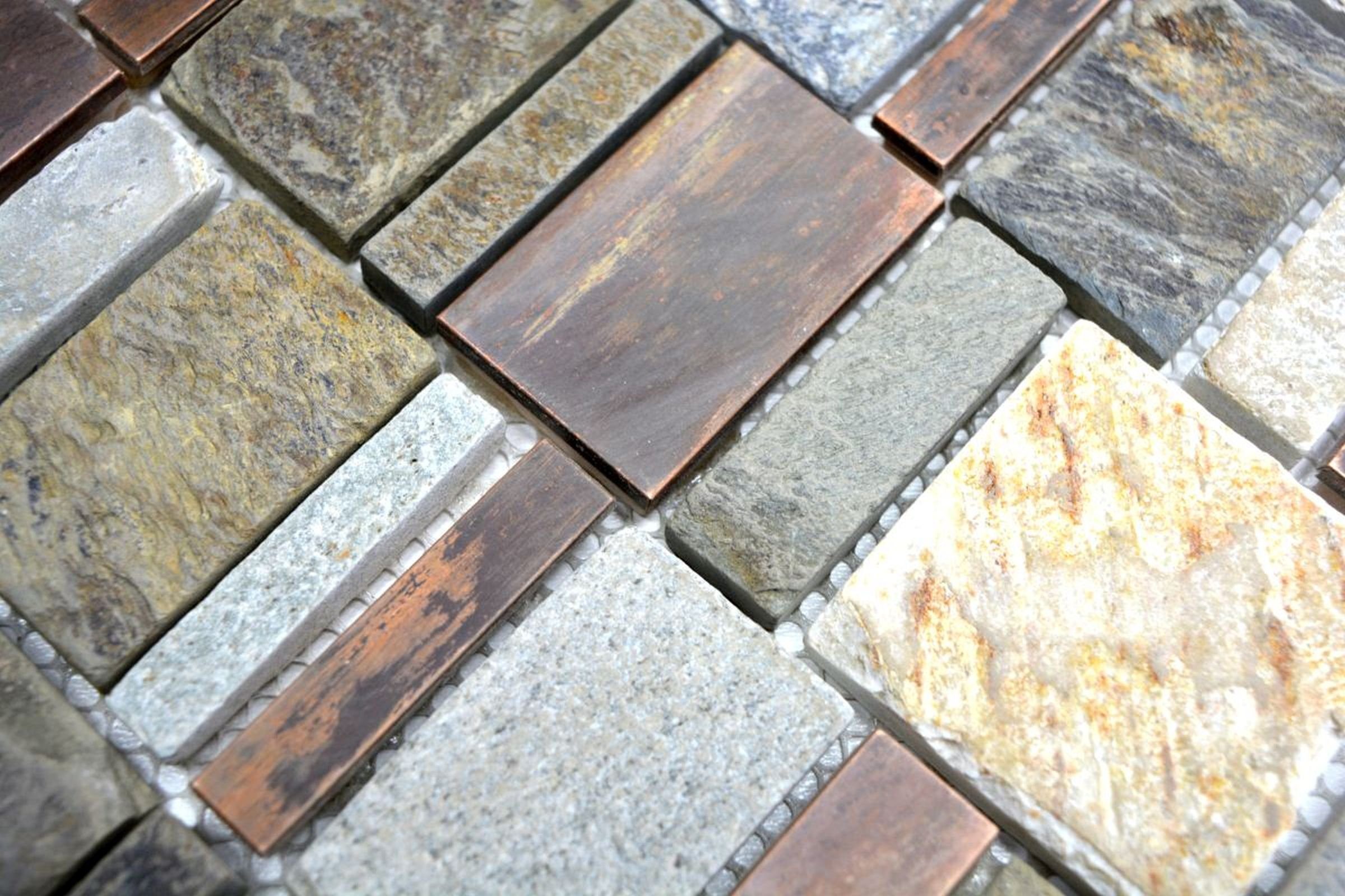 Thumbnail - Mosani Mosaikfliesen Kupfermosaik Fliese grau rost Rechteck Naturstein Fliesenspiegel