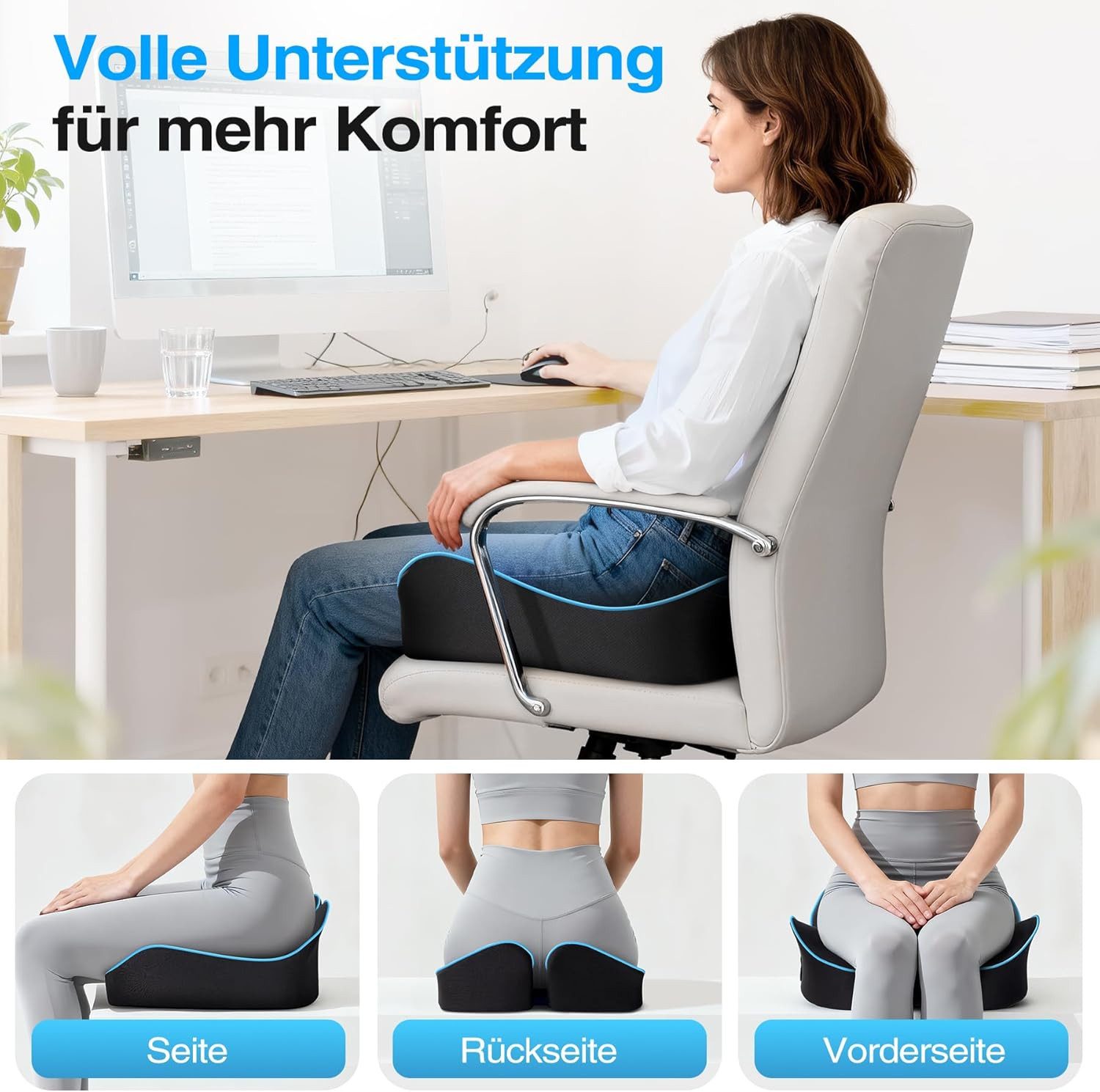 POPOLIC Sitzkissen Ergonomisches Sitzkissen für Bürostuhl & Autositz, Sitzkissen, Sitzkeilkissen Entlastet, Erhöht Sitzkomfort