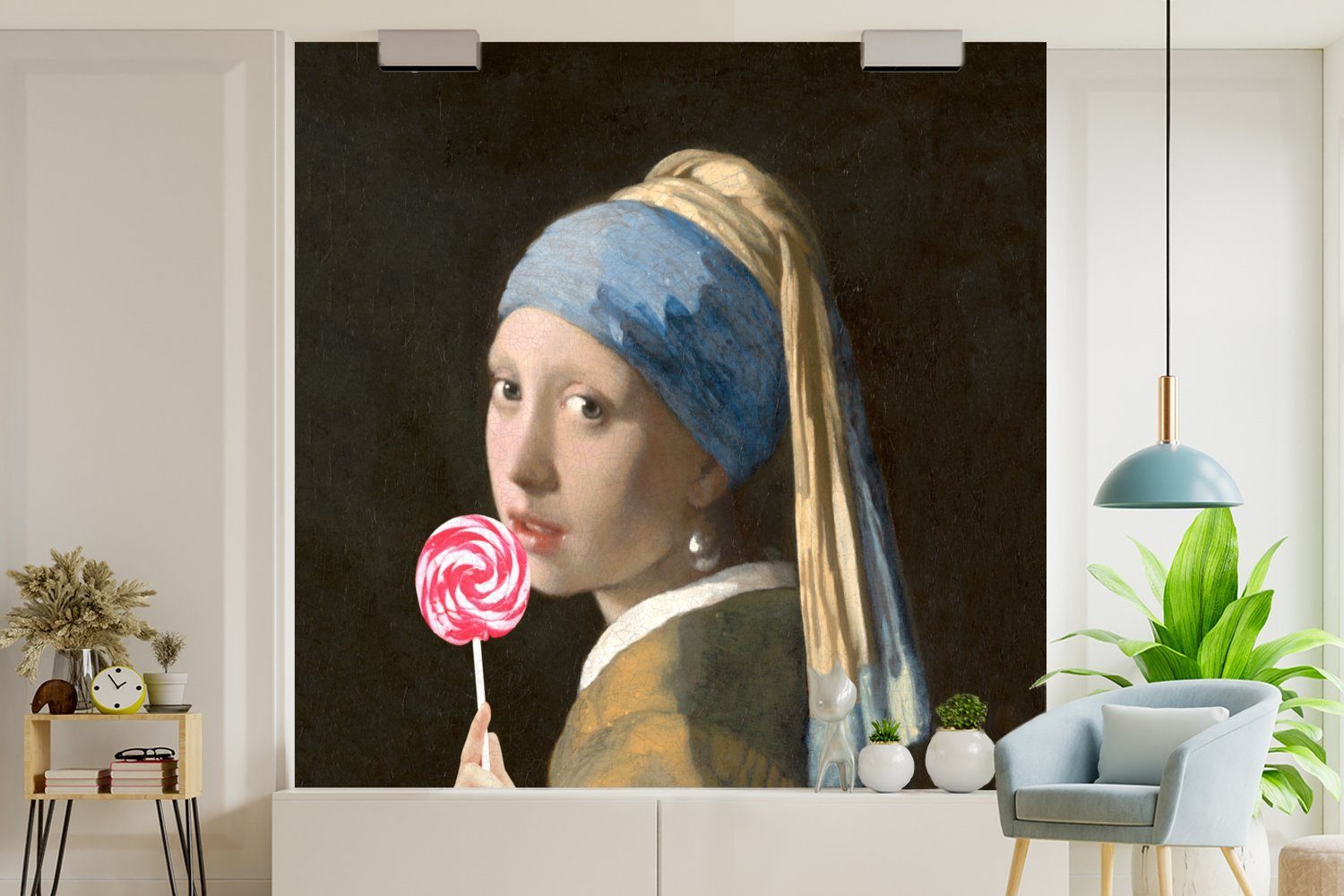 für Vinyl MuchoWow St), (5 Das Fototapete Vermeer dem Wandtapete bedruckt, - Mädchen Schlafzimmer, Matt, mit Süßigkeiten, Wohnzimmer Tapete Perlenohrring oder -