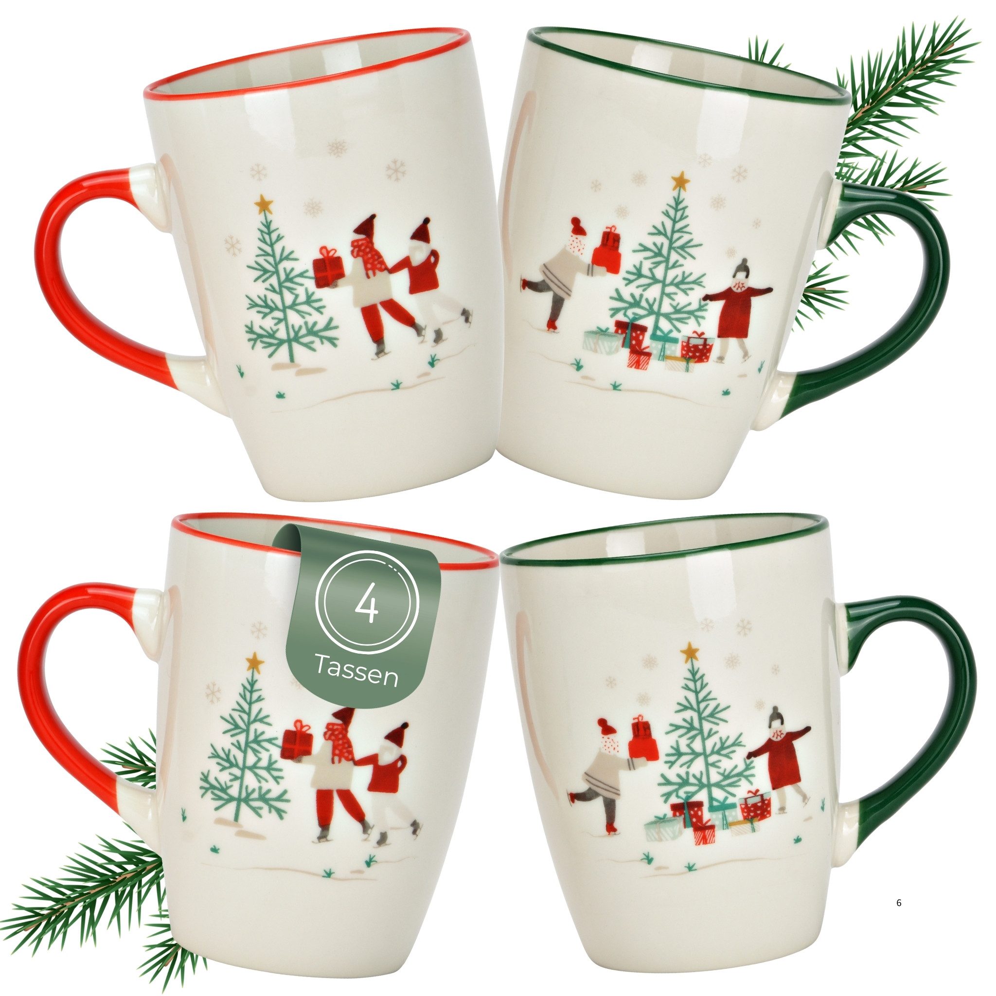 matches21 HOME & HOBBY Tasse Weihnachtstassen 4er Set Design mit Geschenk-Motiv, Kaffeetasse 330 ml, 4-tlg., Porzellan, Tassen für Kaffee & Tee für Weihnachten