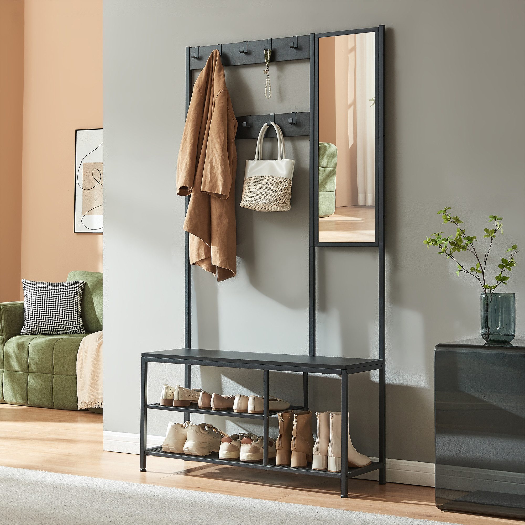 en.casa Garderobenständer, »Napinerg« mit Spiegel Schuhregal Sitzbank 185x98x34 cm Schwarz