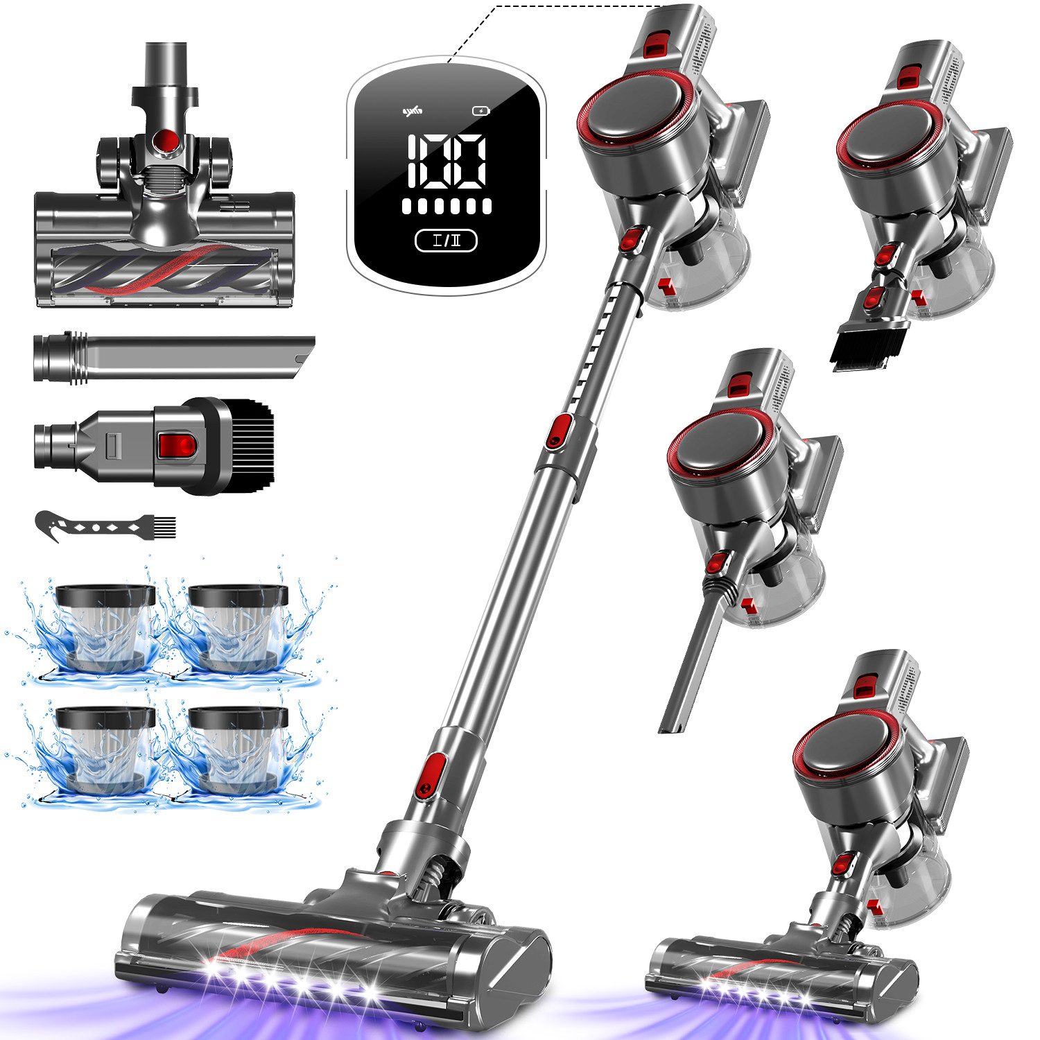 Hiazurm Akku-Hand-und Stielstaubsauger Akku Staubsauger,65000Pa/1.8L/60min 8 in 1 Staubsauger Kabellos, beutellos, Mit LED Display,2 Saugstufen,Akkusauger,Für Böden,Teppich,Tierhaare