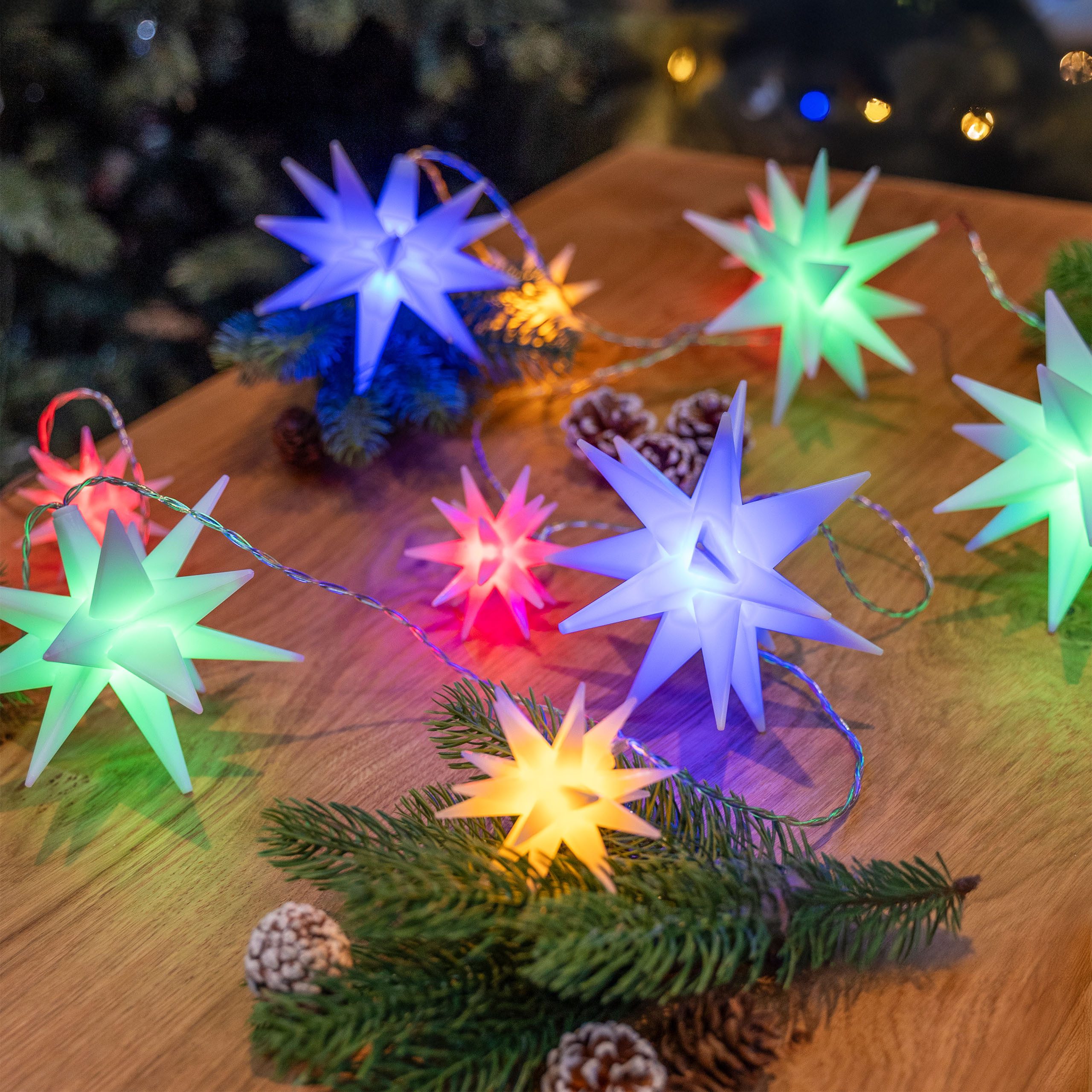IC Winterworld LED-Lichterkette LED Sternen-Lichterkette, leuchtet warm-weiß oder bunt, Fernbedienung, Lichtmodi + dimmbar, 5 große & 5 kleine Sterne
