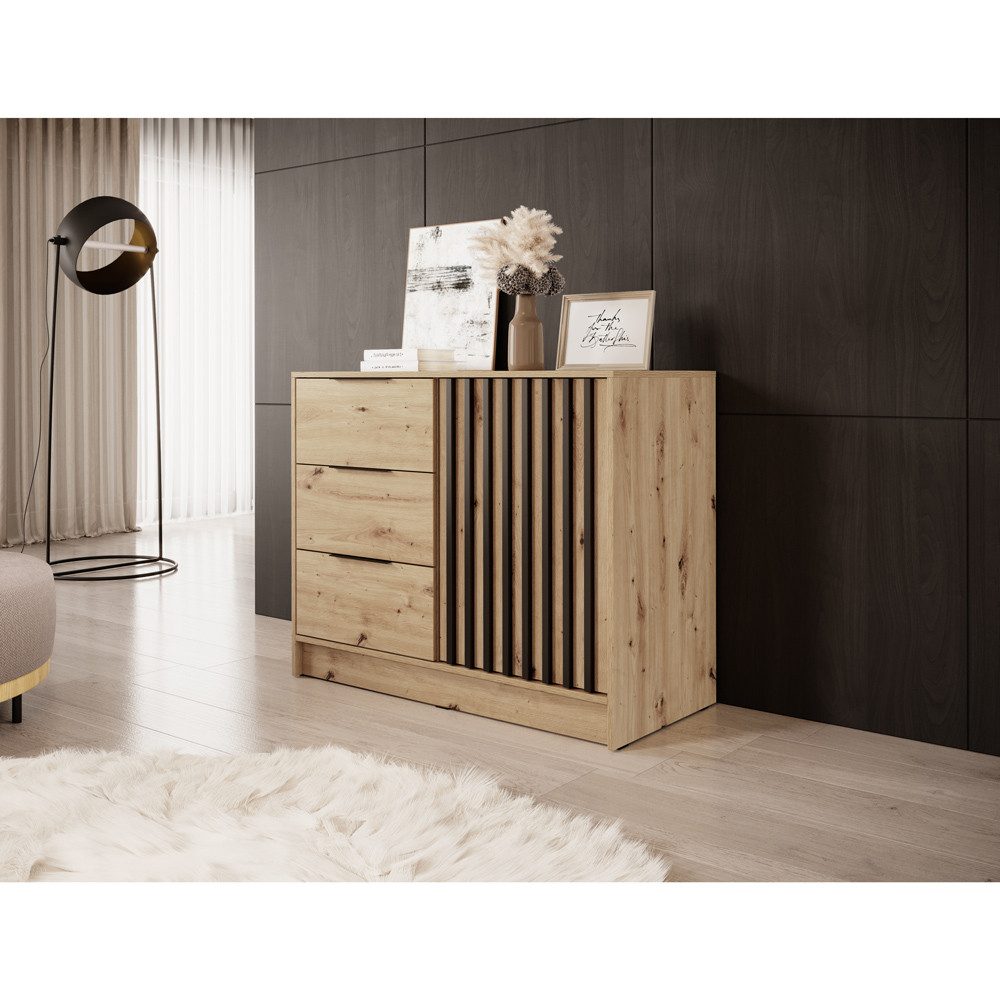Lomadox Kommode NAMUR-160, in Eiche, 105 cm breit, mit schwarzen Lamellen
