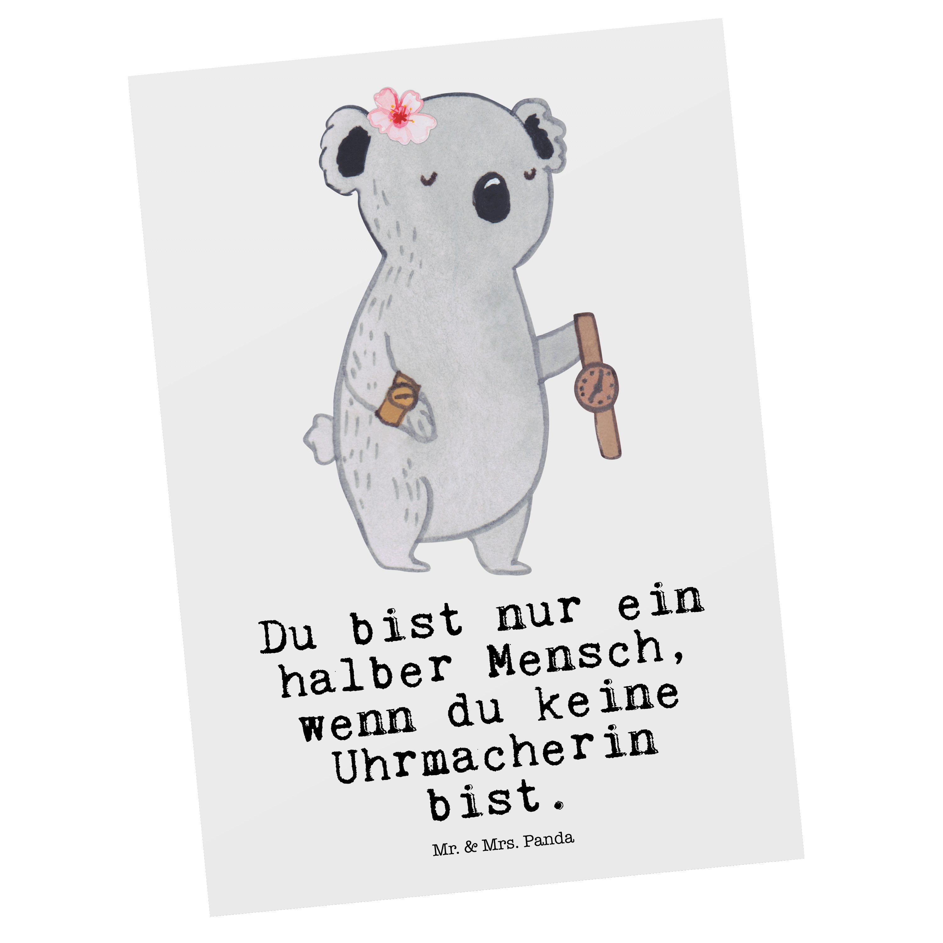 Mr. & Mrs. Panda Postkarte Uhrmacherin mit Herz - Weiß - Geschenk, Geburtstagskarte, Geschenkkar