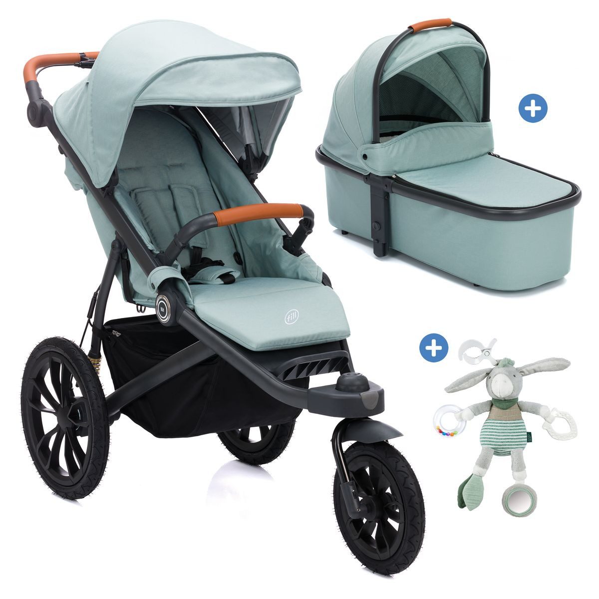 Fillikid Kombi-Kinderwagen Run - Salbei Melange, Kinderwagen, Jogger & Sportwagen mit Babywanne, Lufträder & Handbremse