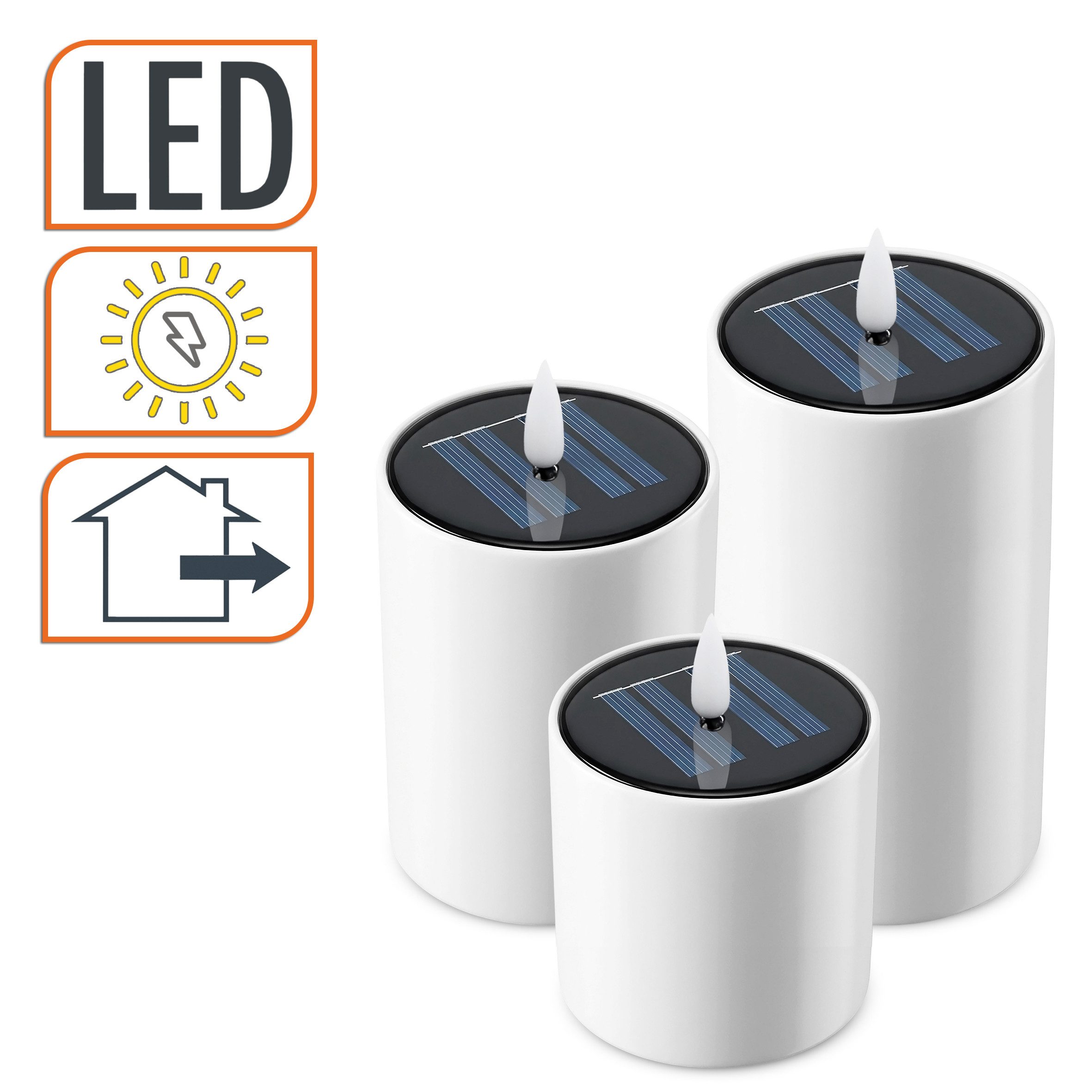 Spetebo LED-Kerze Solar LED Stumpenkerzen mit Flammen Effekt 3er Set (Anzahl, 1-tlg., Stück), realistischem Flammen Effekt
