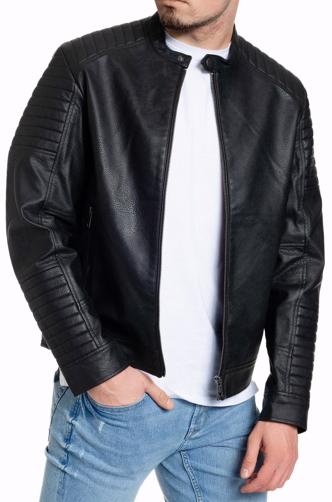 Jack & Jones Bikerjacke Tate PU Lederjacke gesteppte Schulter und Ärmel