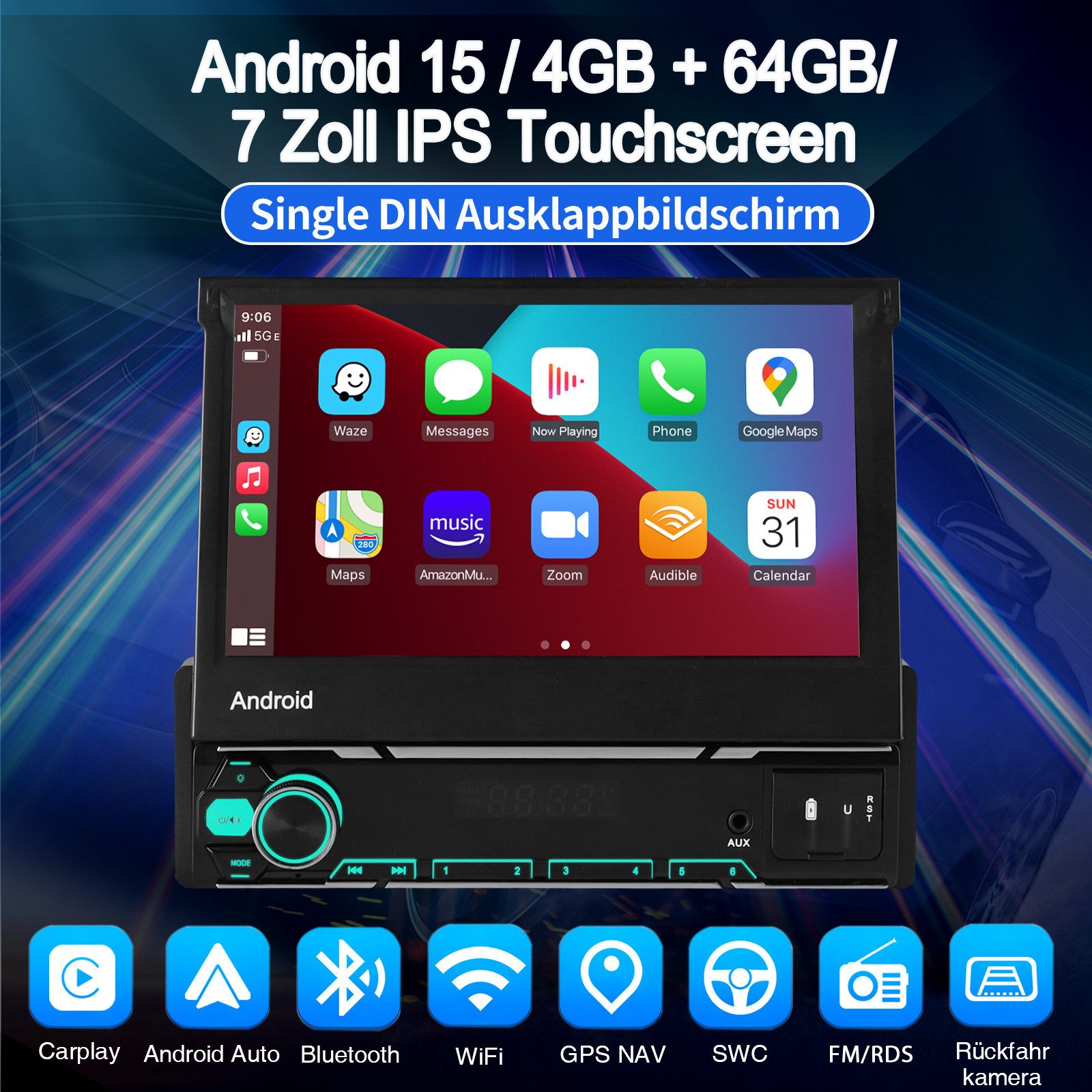 ESSGOO DAB+ 4+64G 1 DIN 7 Zoll Flip Out Android 15 Carplay Autoradio GPS WIFI Navigationsgerät (Apple Carplay Android Auto GPS Navi WIFI BT EQ)