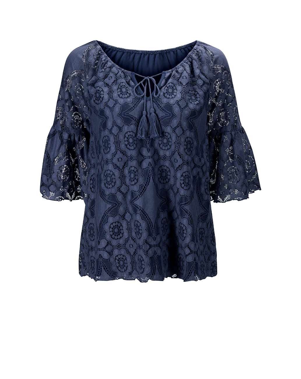 heine Damen Designer-Spitzenshirt, TESINI LINEA Print-Shirt rauchblau