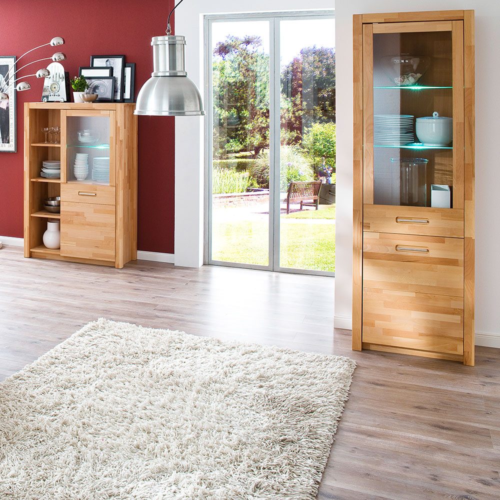 Lomadox Esszimmer-Set FOSSANO-06, (Spar-Set, 2-St., Highboard Vitrine), in Kernbuche massiv geölt, inkl. LED-Beleuchtung