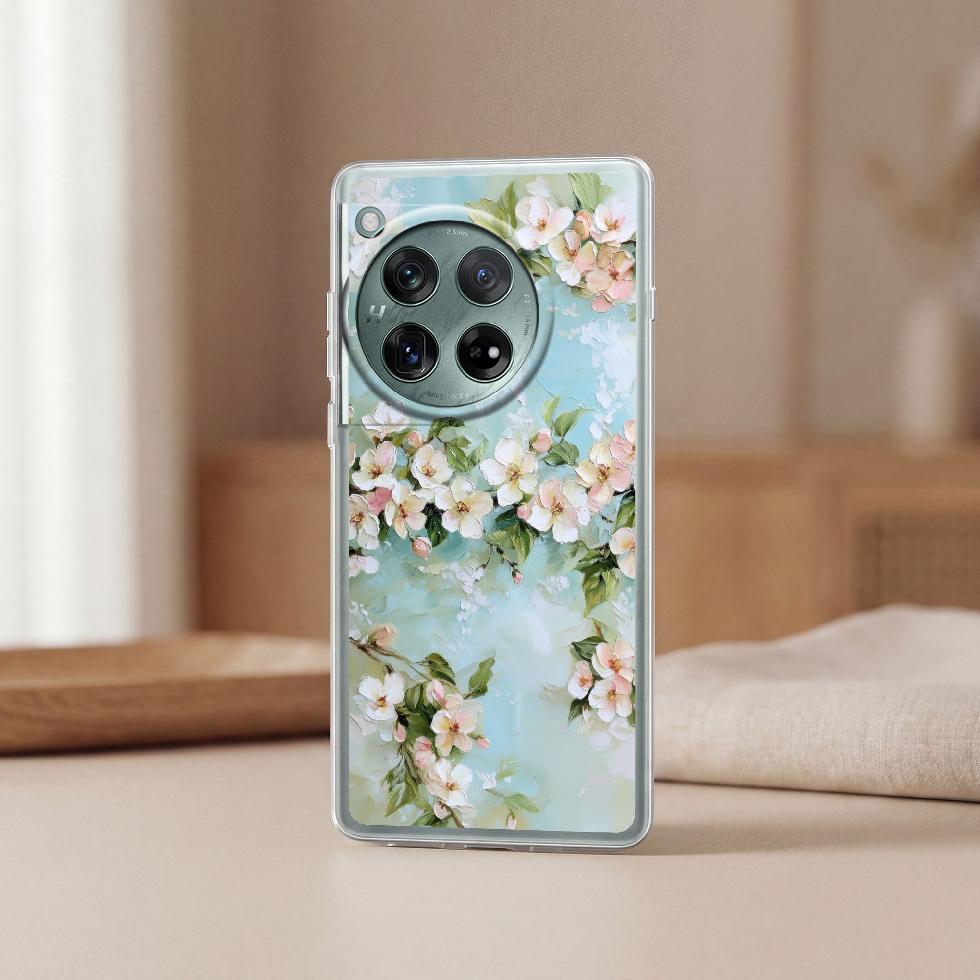 MuchoWow Handyhülle für OnePlus 12 Blossom - Blätter - Hellblau, Handy Case, Silikon, Bumper Case Dünn