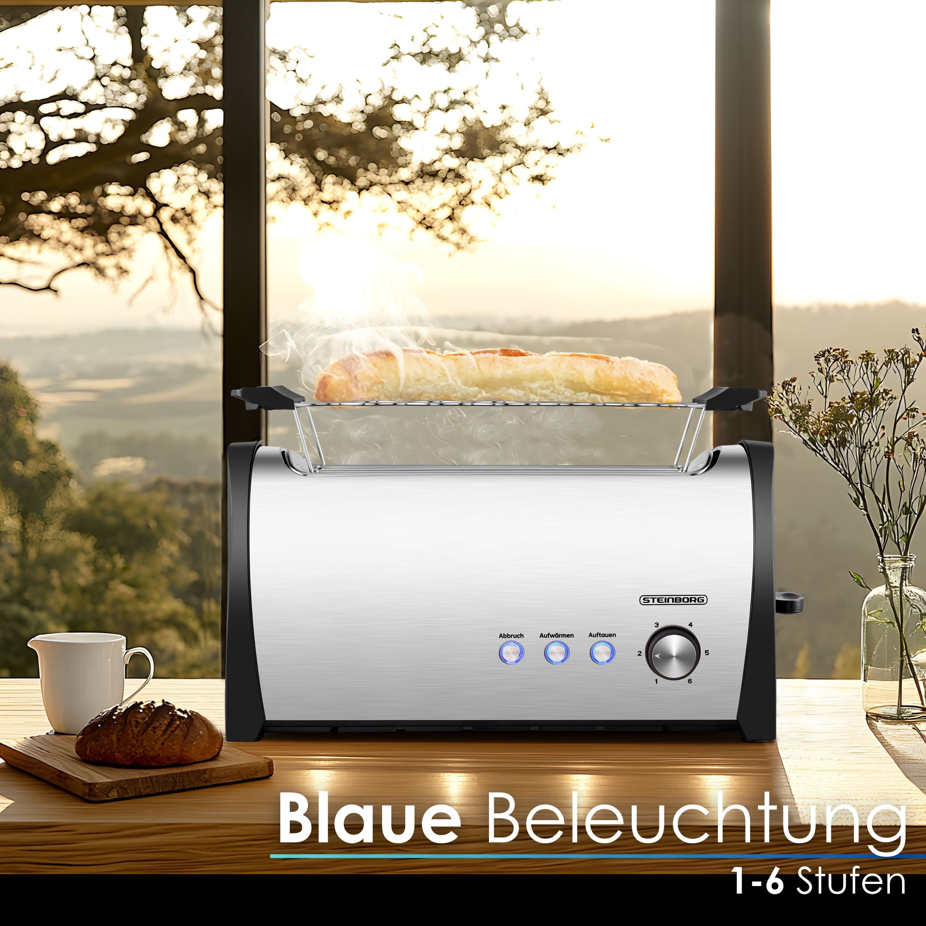 STEINBORG Toaster SB-2213, 2 lange Schlitze, für 2 Scheiben, 1400 W, Selbstzentrierende Führung für eine gleichmäßige Bräunung