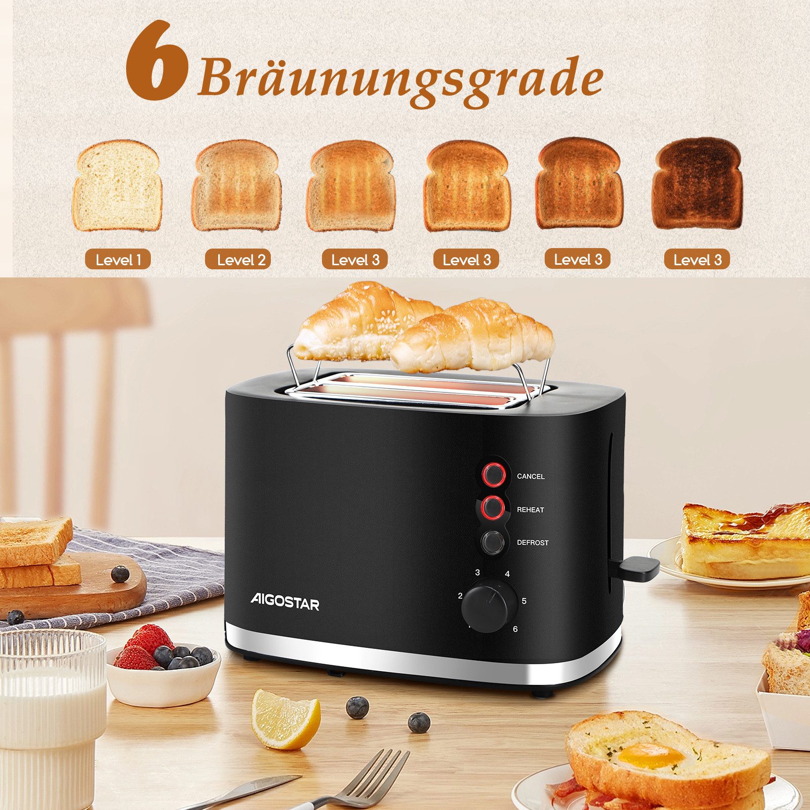 Aigostar Toaster Toaster 2 Scheiben, extra breite Toastschlitze, 6 Bräunungsstufen,800W