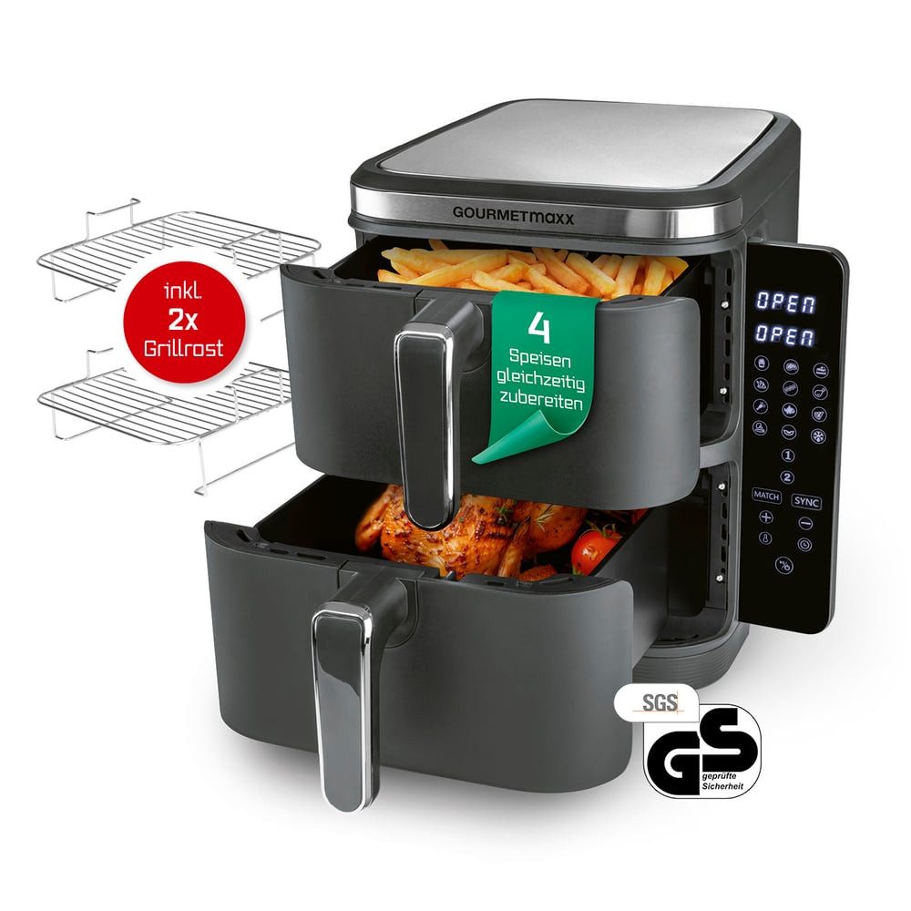 GOURMETmaxx Heißluftfritteuse FryUp Vertikaler Doppelkammer Airfryer 2x 5l, 2800 W, klappbares Touchdisplay, 32% platzsparender, Fassungsvermögen 10L