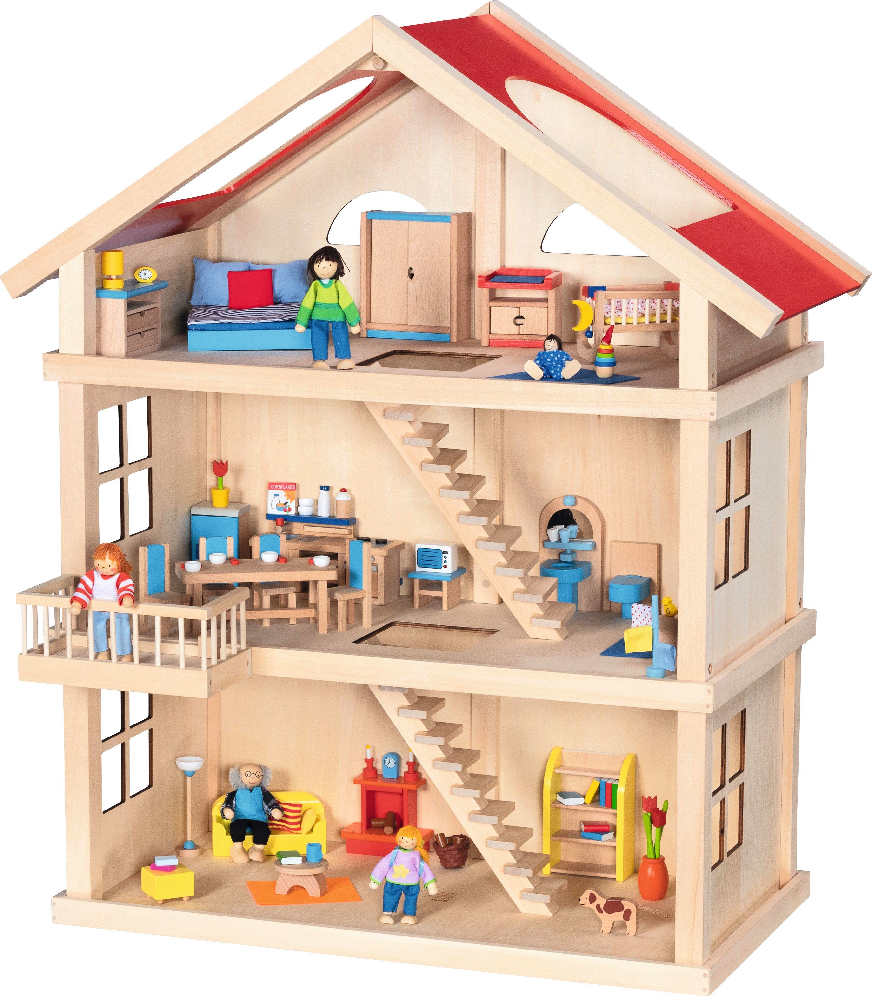 goki Puppenhaus 3 Etagen, komplett möbliert inkl. Puppenfamilie günstig online kaufen