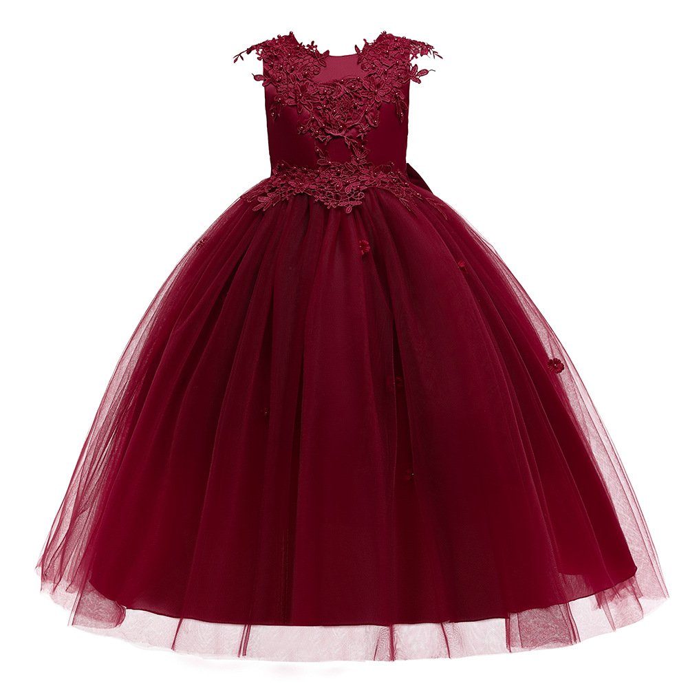 Rotwein Ballkleid LAPA Blumenbesticktes Tüllkleid Mädchen, für Abendkleid