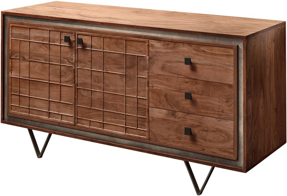 DELIFE Sideboard Stonegrace, Akazie Braun 3D 150 cm 2 Türen 3 Schubladen V-Fuß Schwarz