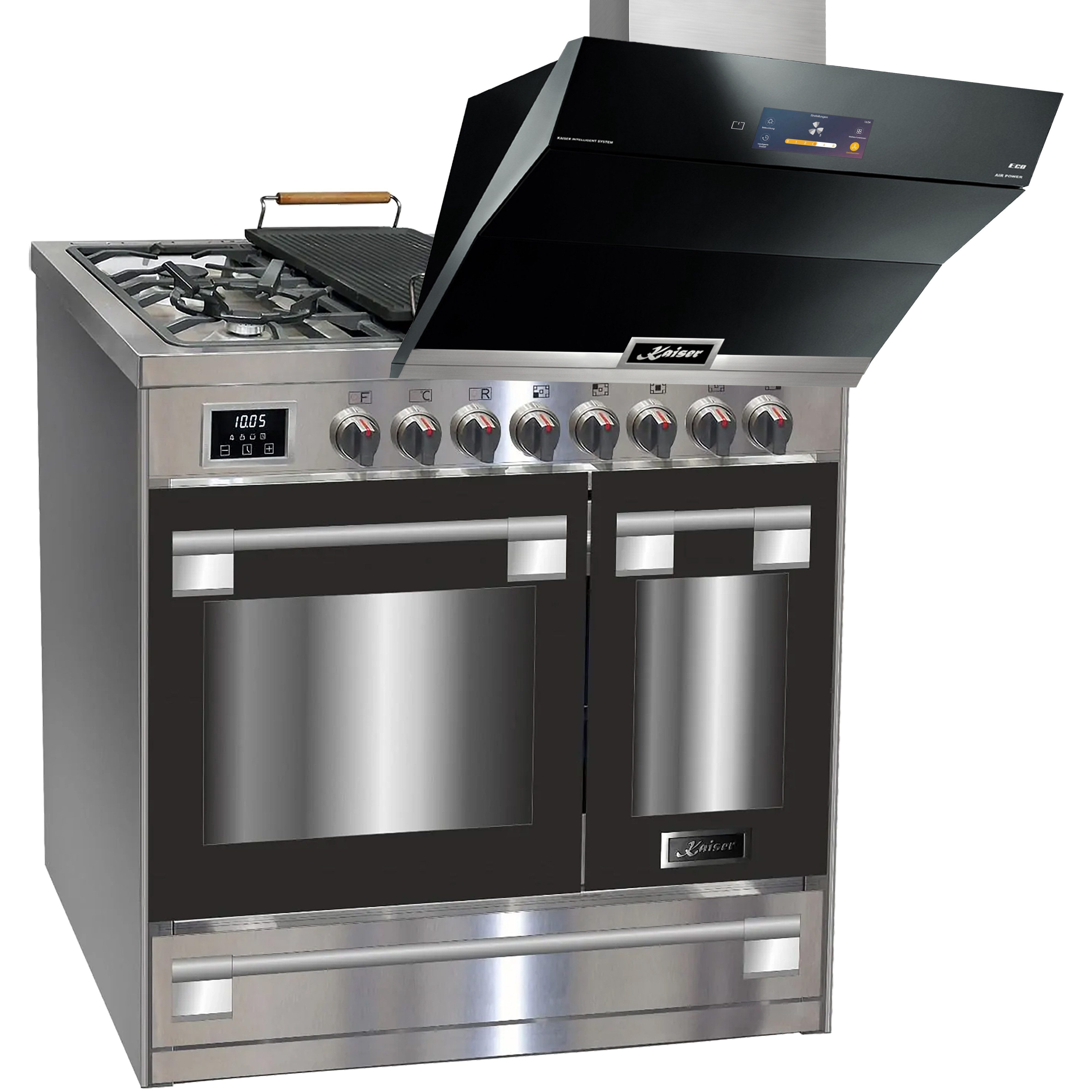 Kaiser Küchengeräte Gasherd-Set HGE 93201 R+AT 9343, mit 1-fach-Teleskopauszug, Gas Elektro Standherd 90 cm+Dunstabzugshaube 90 cm