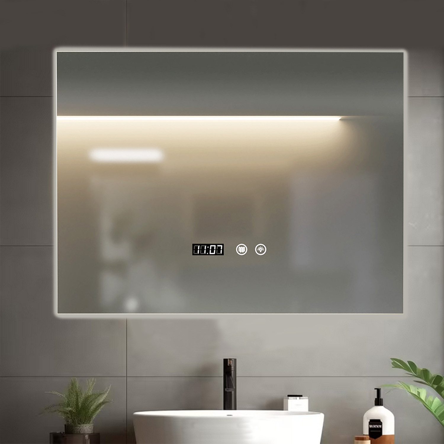 oyajia Badspiegel mit Beleuchtung LED Wandspiegel Antibeschlag Badspiegel Kosmetikspiege, 3 Lichtfarben Dimmbare mit Touch-Steuerung, IP44, Memory Funktion, Uhr