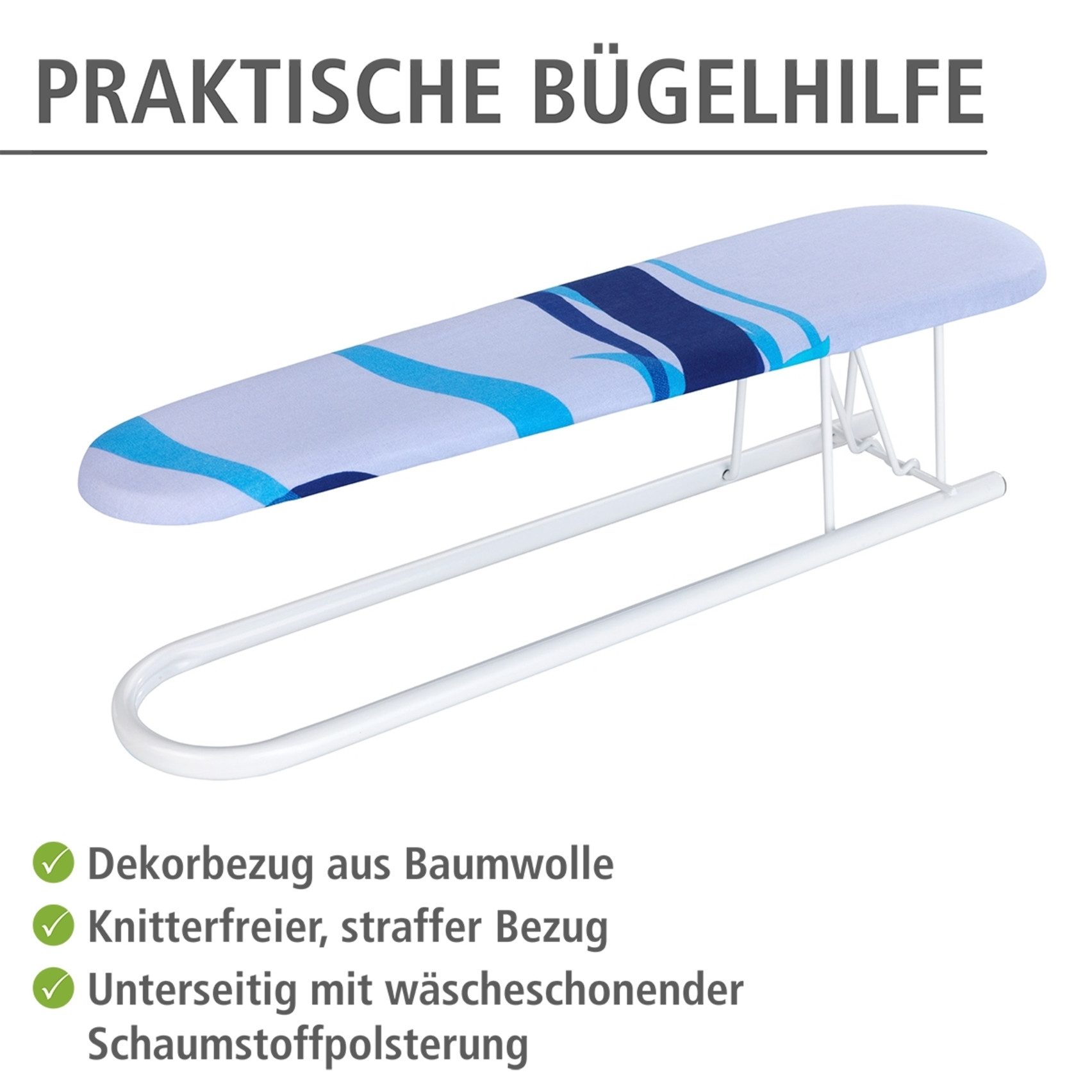 WENKO Ärmelbrett Modell Wave, Bügelfläche 52x12 cm, Ärmelbügelbrett, praktische Bügelhilfe mit gepolstertem Dekorbezug