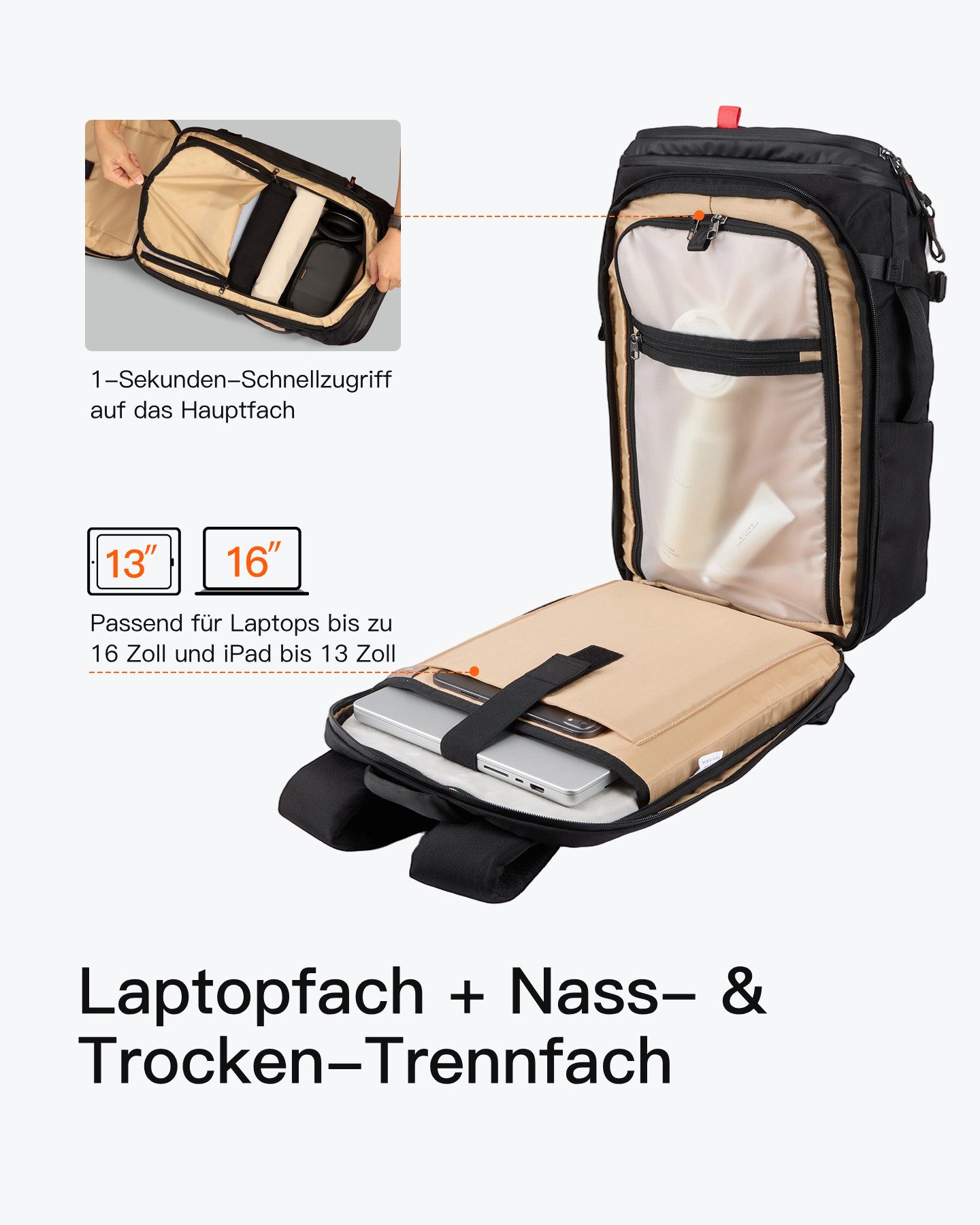 Inateck Laptoprucksack Handgepäck Rucksack 40L/28L, Groß Reiserucksack für 17/16 Zoll Laptop, TSA Freundlich, Spritzwassergeschützt – Bild 3 von 5
